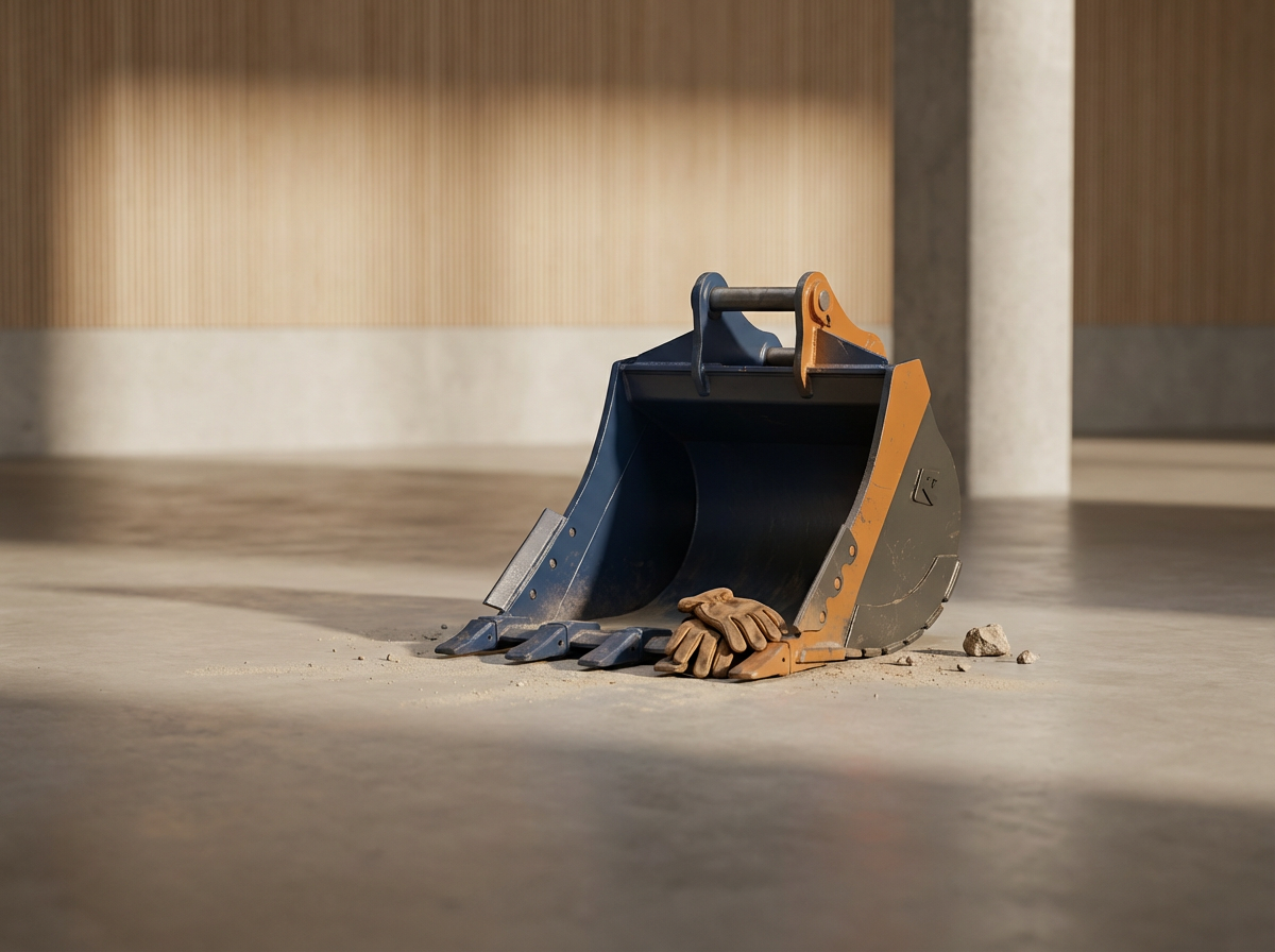 Empty construction excavator bucket with a pair of work gloves inside, resting on a concrete floor.