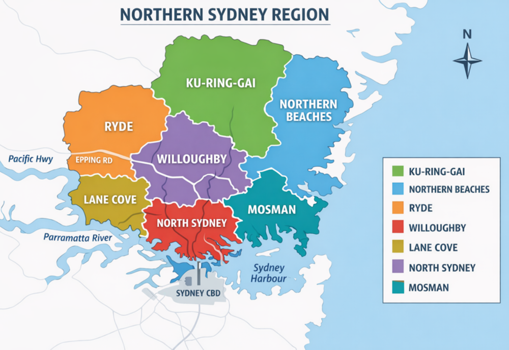 Map of Northern Sydney region, showing districts: Ku-ring-gai, Northern Beaches, Ryde, Willoughby, Lane Cove, North Sydney, Mosman. Districts are color-coded in green, blue, orange, purple, yellow, red, and teal.