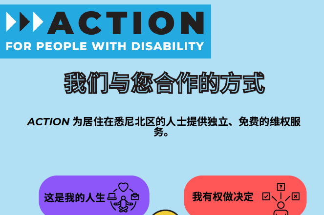 Informational graphic in English and Chinese about cooperation methods for people with disabilities, with purple and red speech bubbles containing Chinese text and icons.