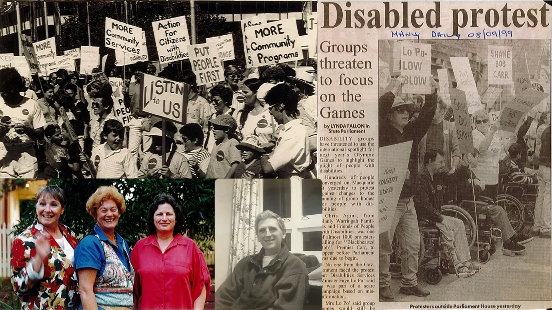 A collage of images showing protests and group gatherings. The top part shows a black-and-white photo of a disability protest with people holding signs that read "More community services," "Action for citizens with disabilities," "Listen to us," and others. The right side has a newspaper clipping titled "Disabled protest" with people holding signs and in wheelchairs. The bottom left features a color photo of three women smiling and waving, dressed in colorful clothing. The bottom center has a smaller black-and-white photo of a woman in front of curtains and a man with glasses.