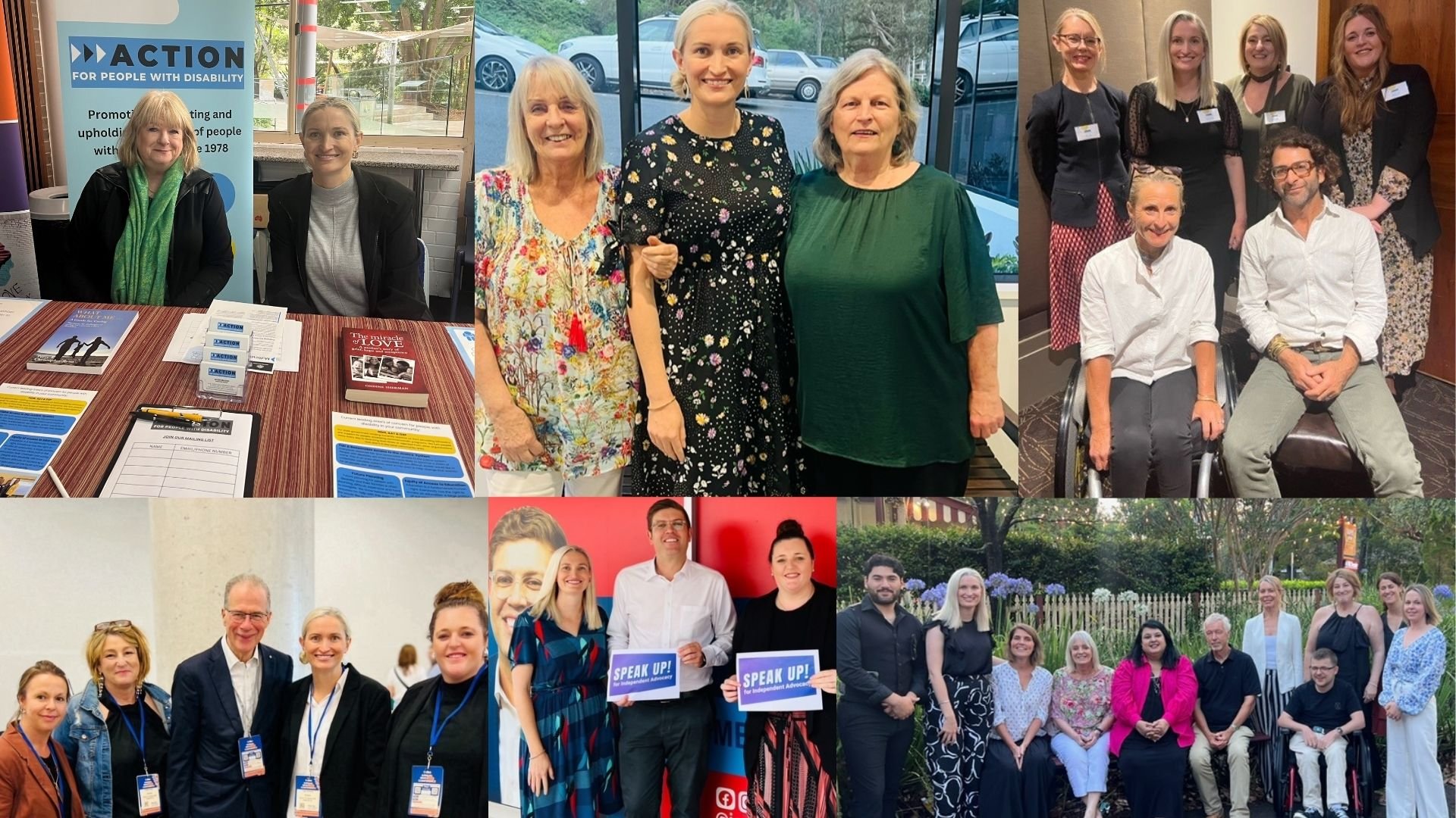 Collage of multiple group photos and event scenes featuring diverse people at conferences, meetings, and outdoor gatherings.