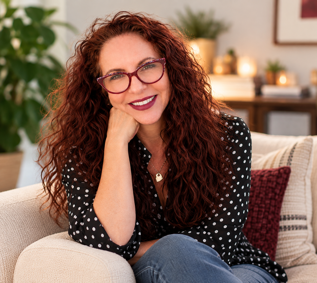 A smiling woman with long curly red hair and purple glasses, wearing a black polka dot blouse and denim jeans, sitting on a beige couch in a cozy living room with plants and warm lighting.