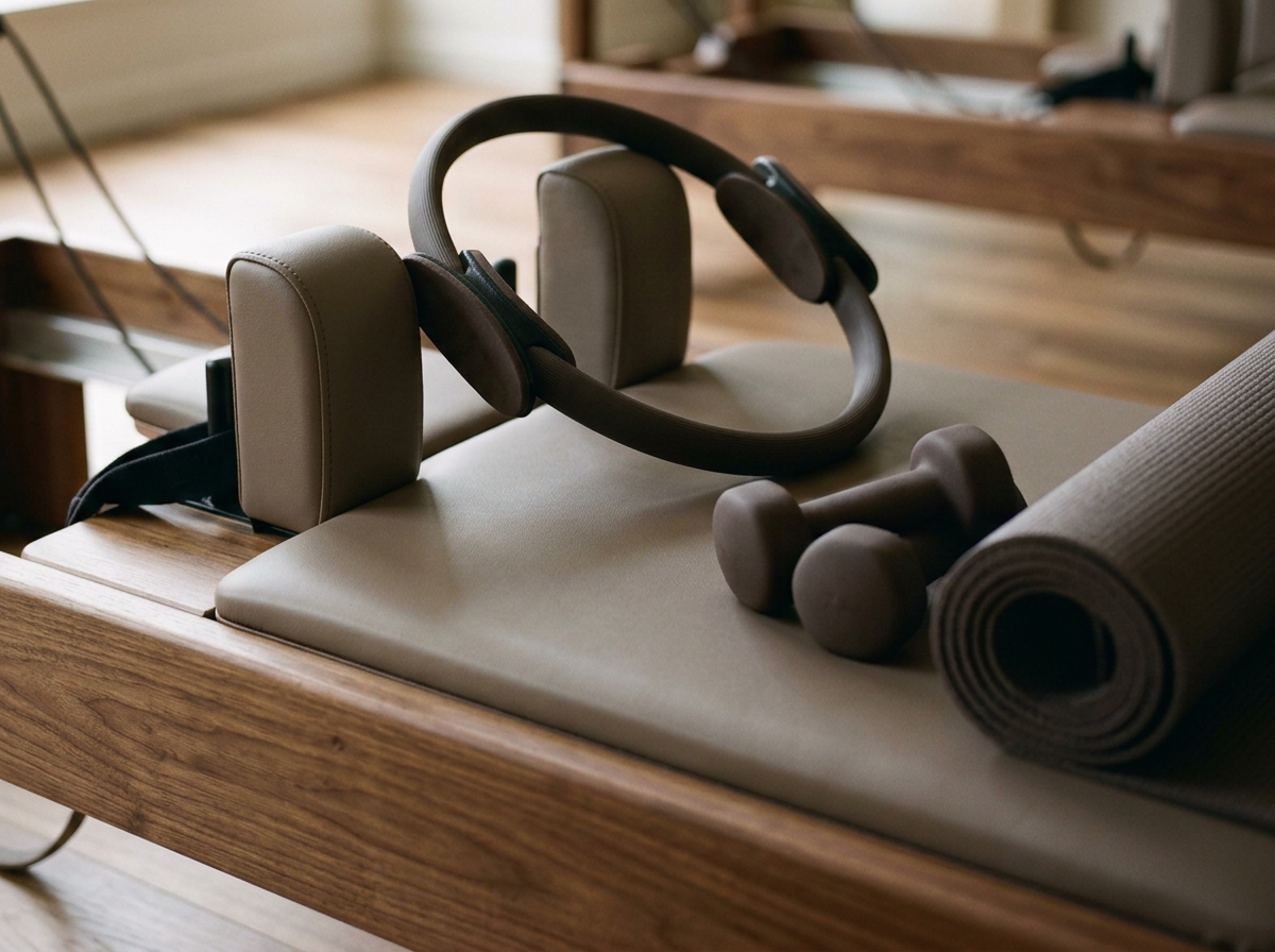 Home gym equipment on a wooden fitness bench, including a head strap, a pair of dumbbells, and a rolled yoga mat.