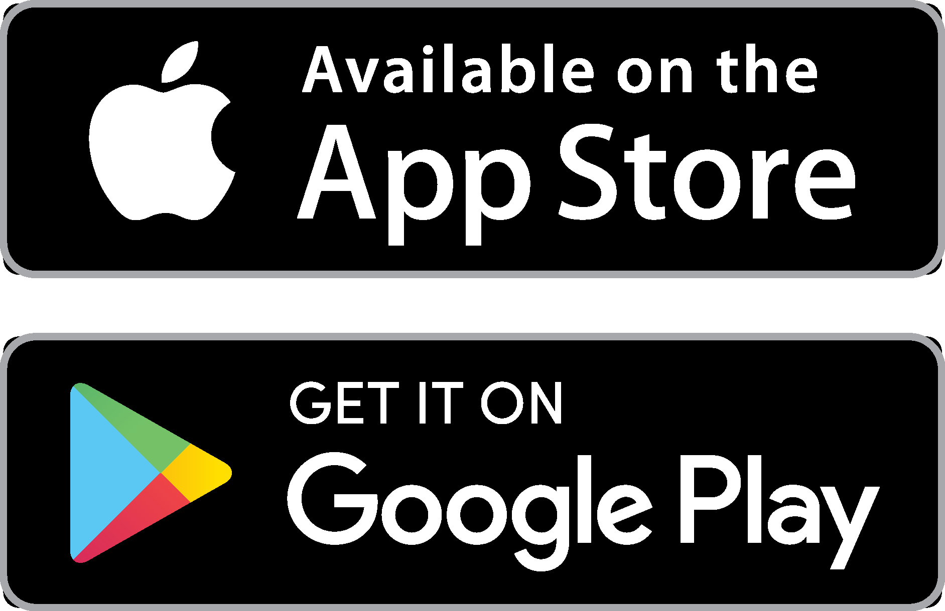 Black rectangular sign with white text and the Apple logo, indicating availability on the App Store. Below, there is a Google Play Store badge with a colorful triangular logo and text prompting users to get the app on Google Play.