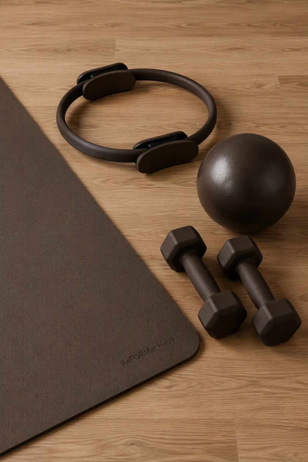 Home workout equipment including a yoga mat, headband, black exercise ball, two dumbbells, and a yoga mat with ReFORMat Haus branding, arranged on a wooden floor.