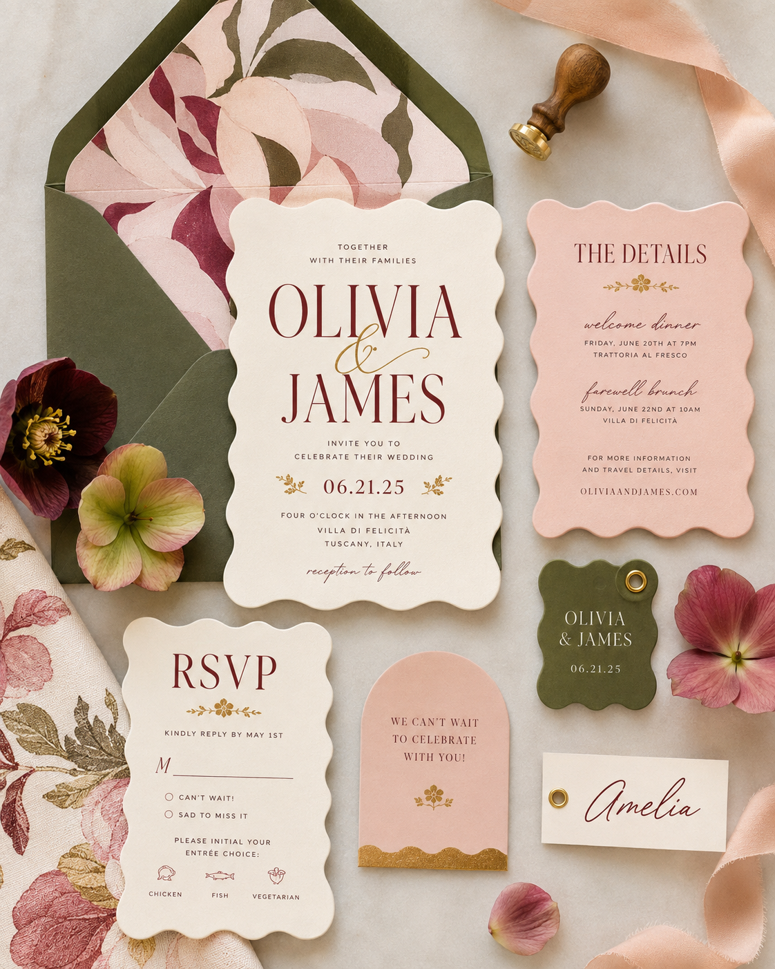 Wedding invitation suite with details of Olivia and James's wedding, including RSVP, additional details, and name tag, surrounded by flowers, fabric, and a wax stamp.