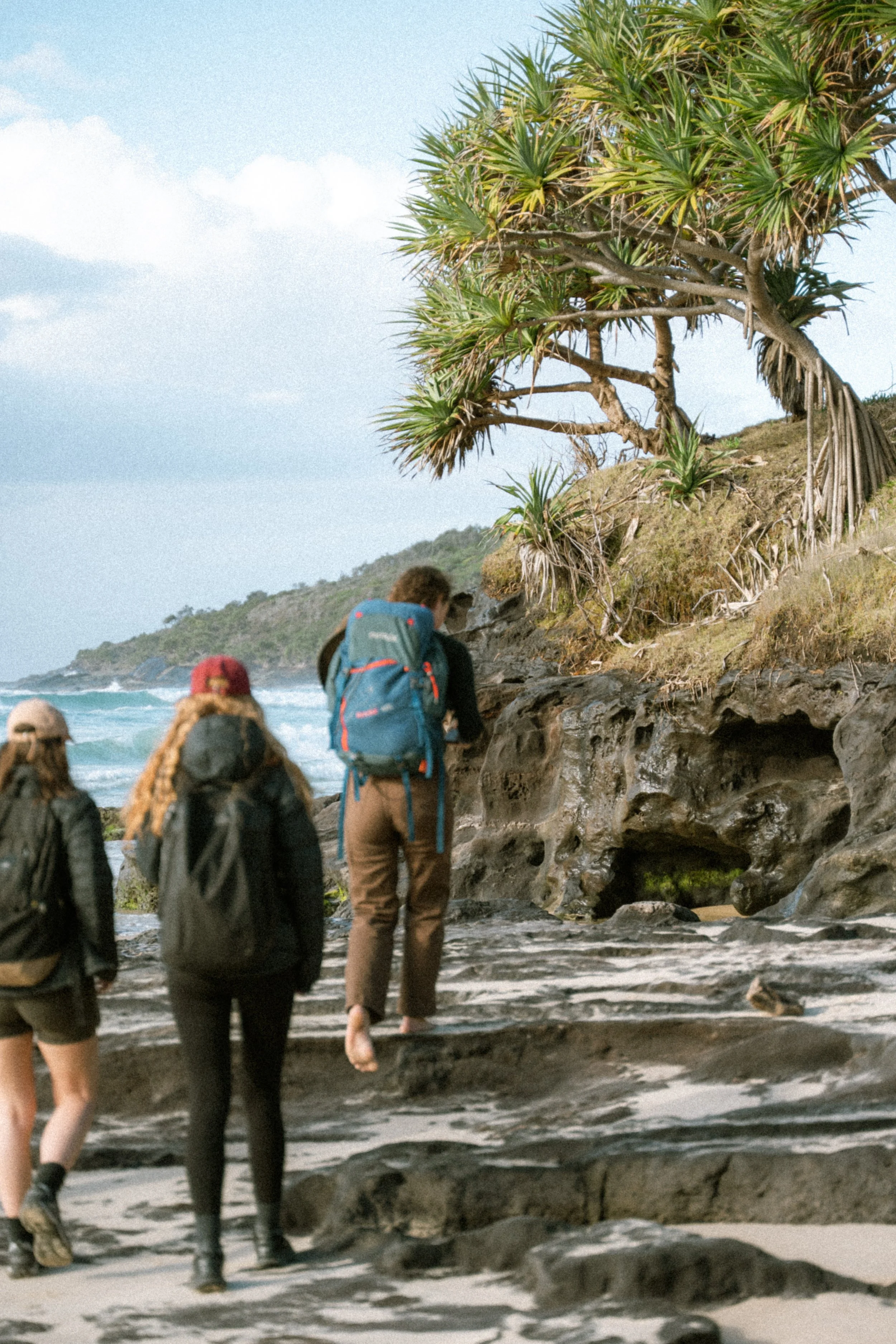 A group of people hiking along a rocky beach, with lush green trees and a distant coastline in the background.