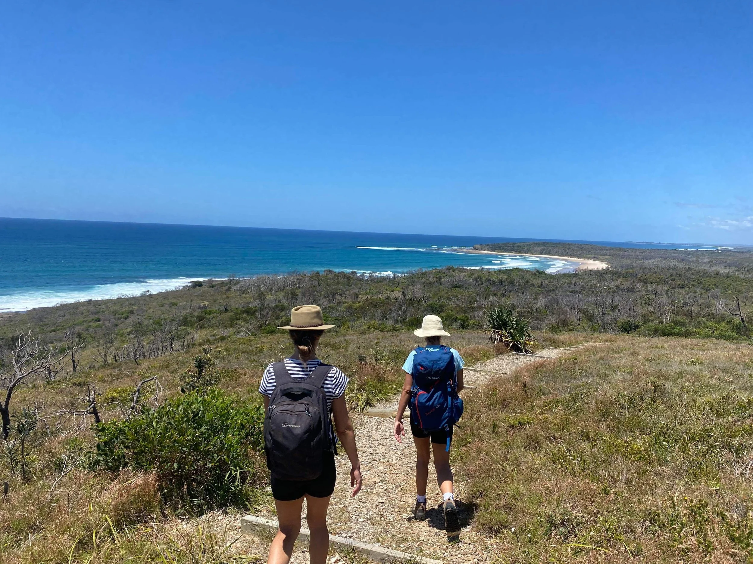 Three hikers walk along a dirt trail in a coastal area with low bushes and trees, overlooking the ocean with waves and a distant shoreline.