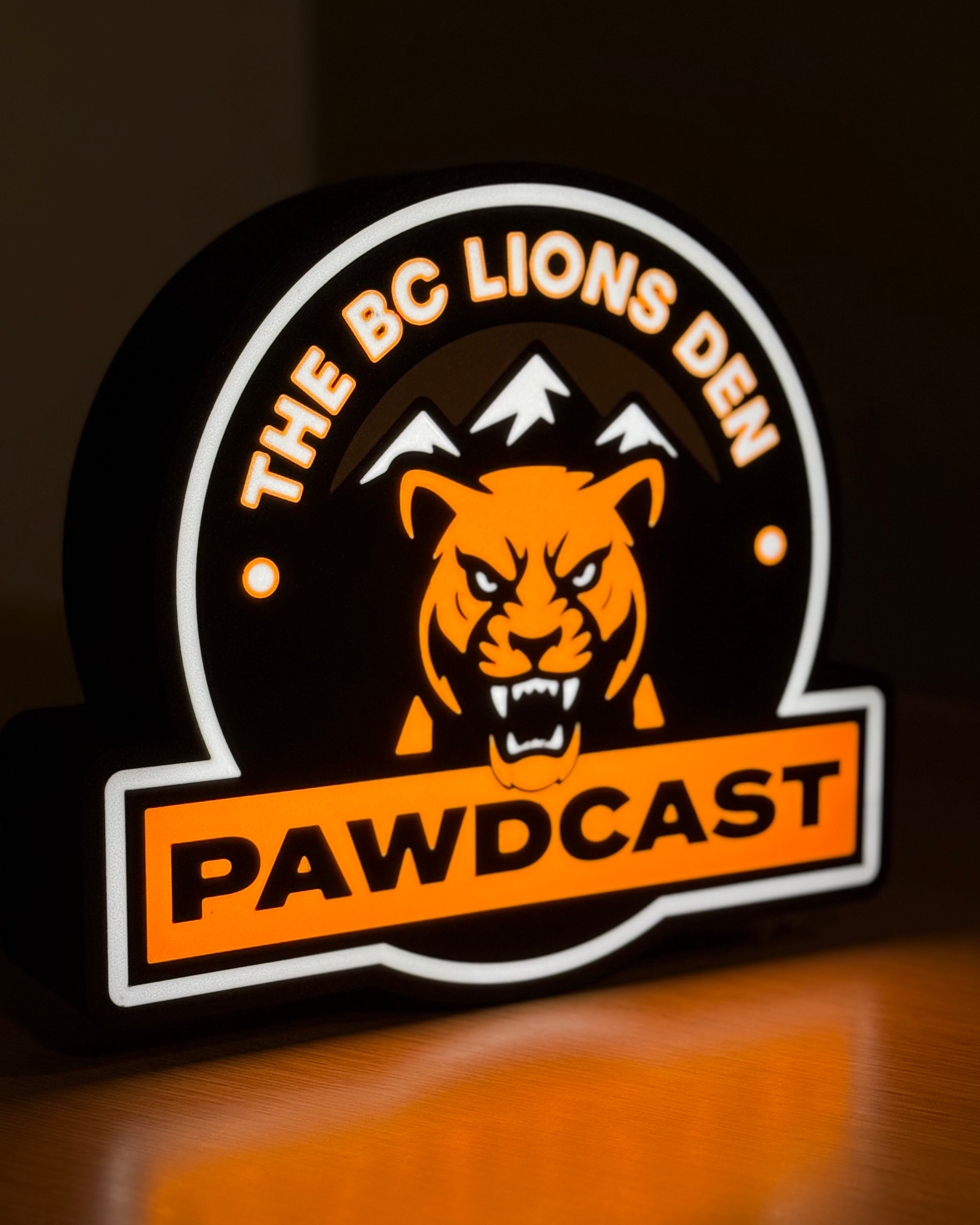 BC Lions Den Pawdcast logo illuminated display
