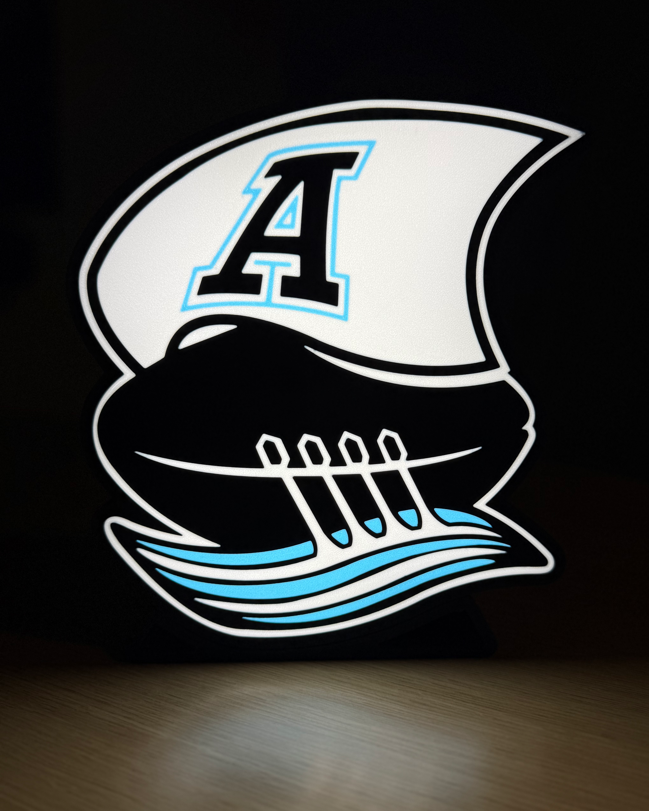 Illuminated front view of the Toronto Argonauts lightbox against a dark background