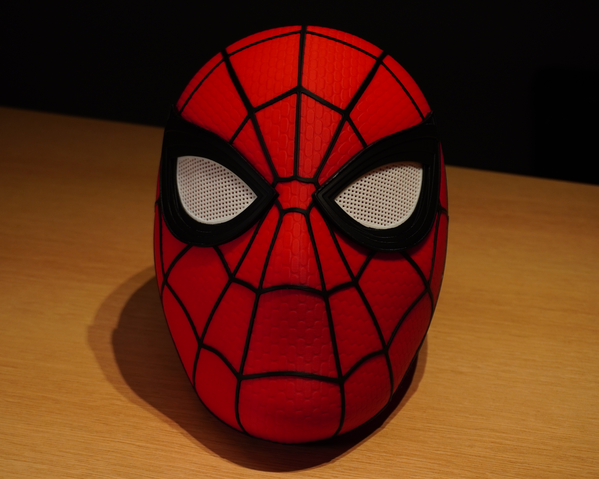 Straight-on front view of the completed 3D-printed Spider-Man mask