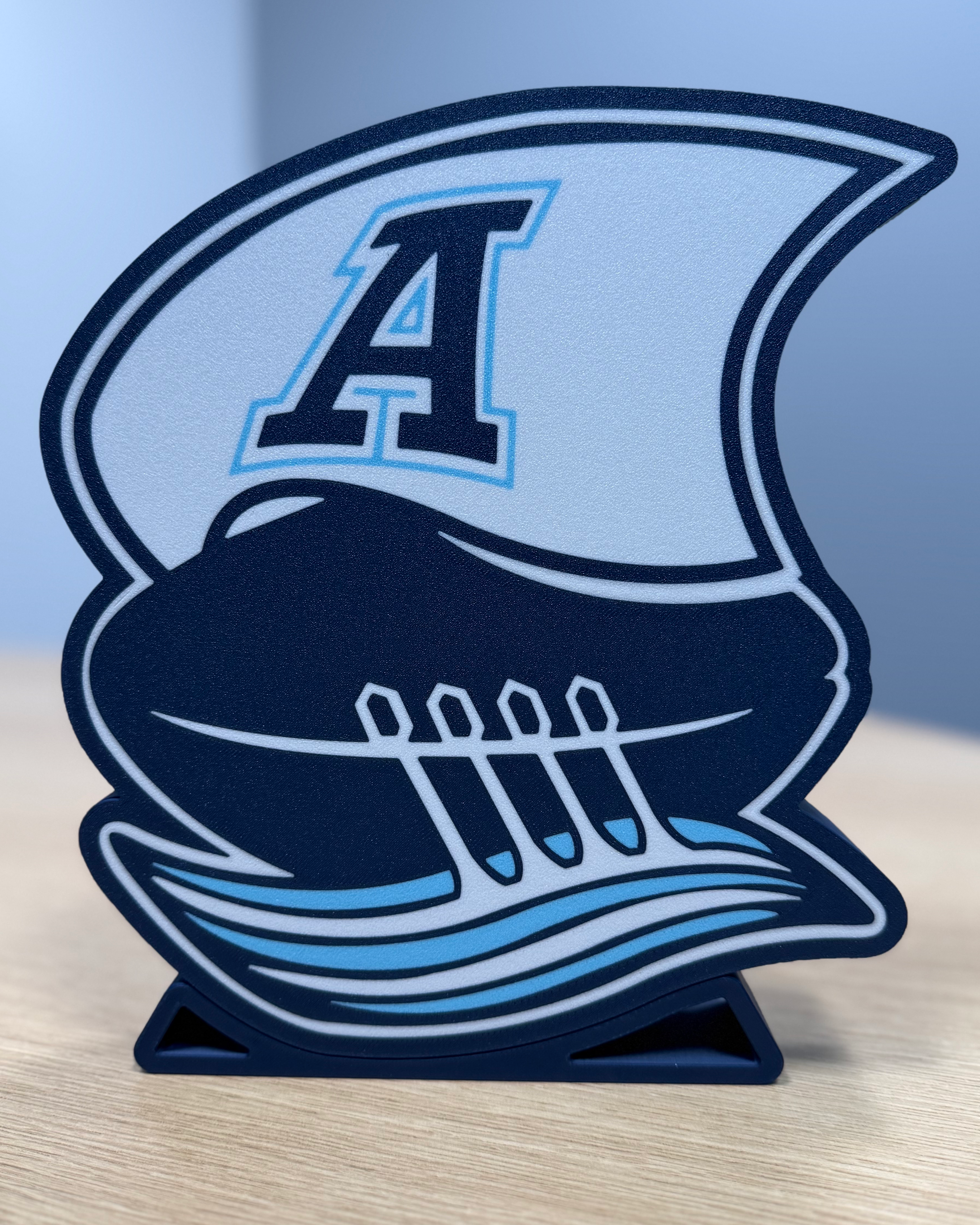 Front view of the Toronto Argonauts lightbox displayed unlit on its stand