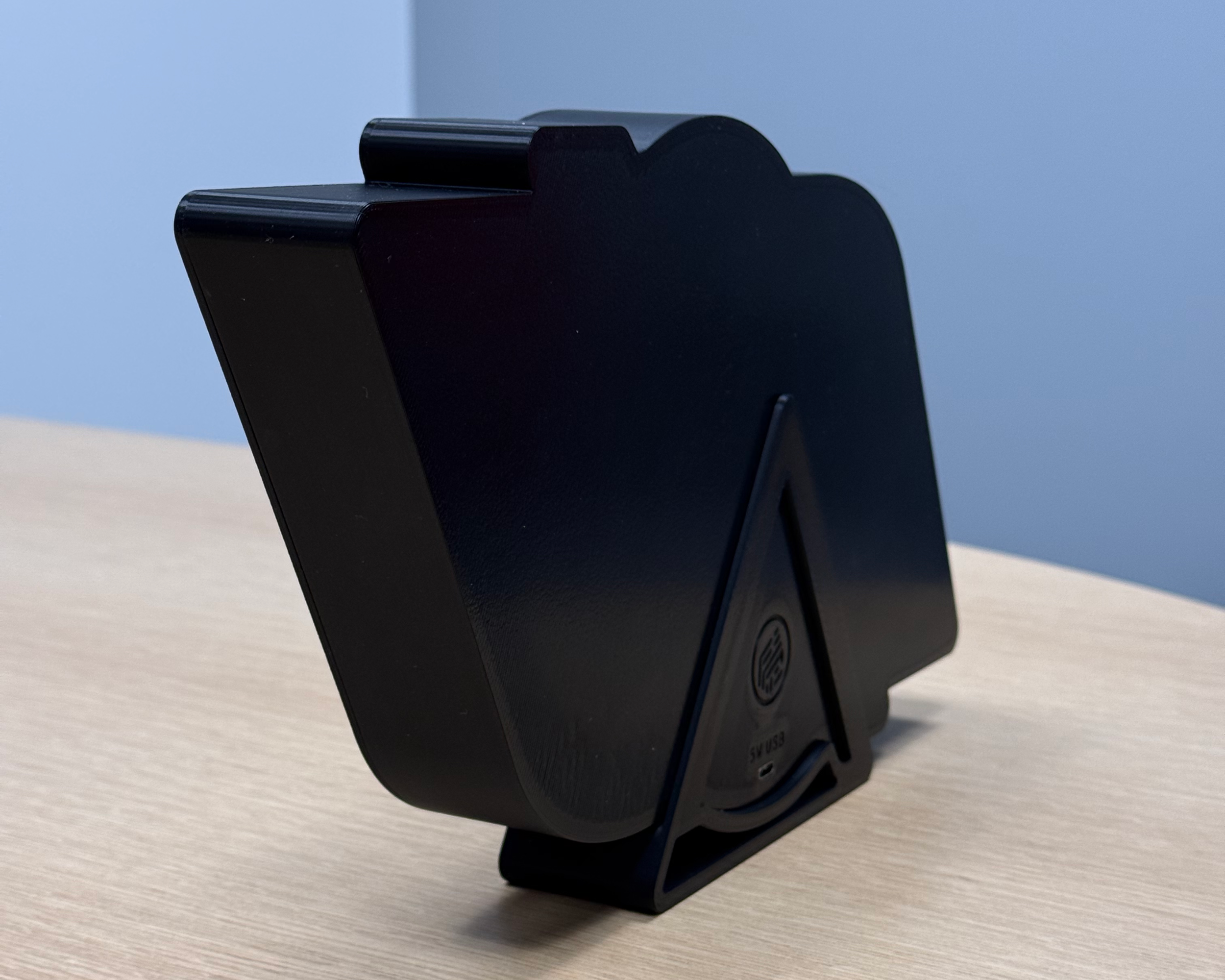 Rear angled view of the Saskatchewan Roughriders lightbox showing the 3D-printed enclosure and included stand