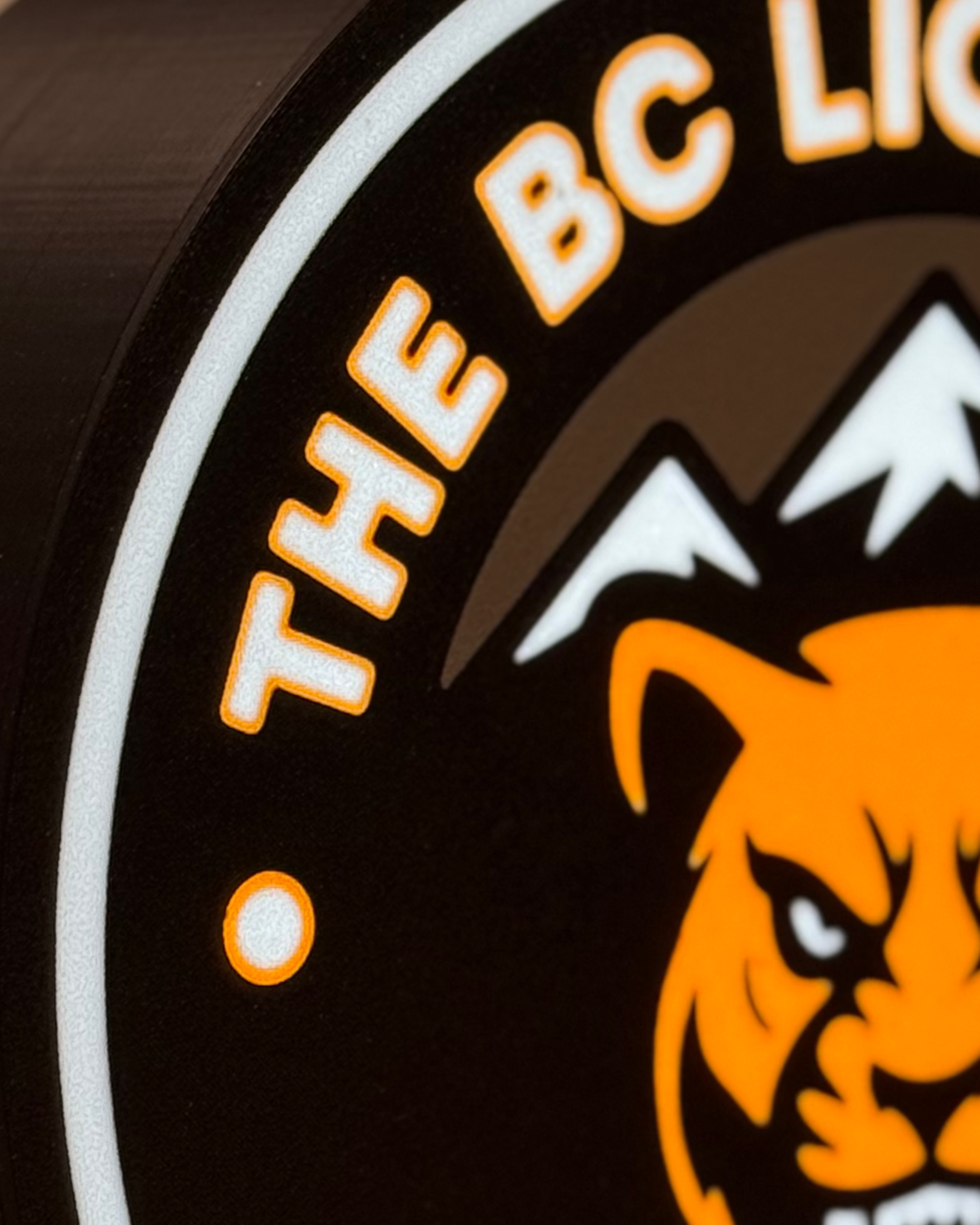 Close-up of the illuminated BC Lions Den Pawdcast lightbox showing the layered lettering, mountain, and lion details