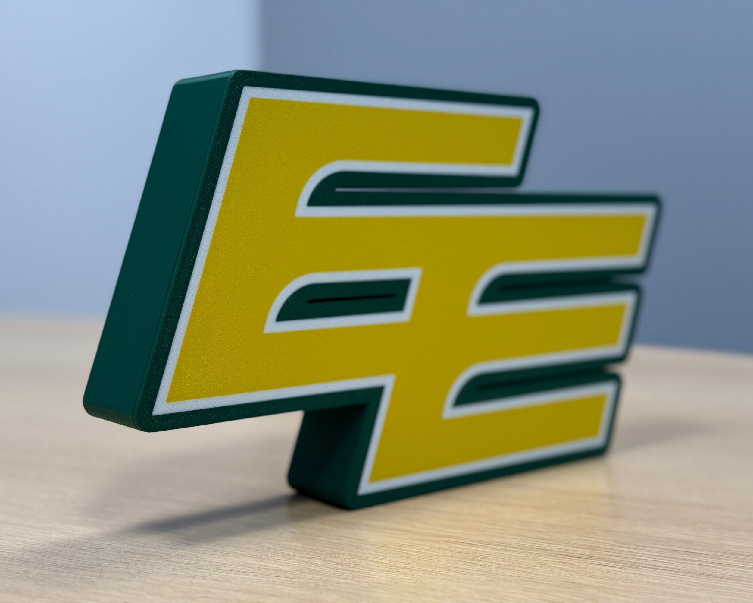 Angled front view of the Edmonton Elks lightbox showing the depth of the 3D-printed housing