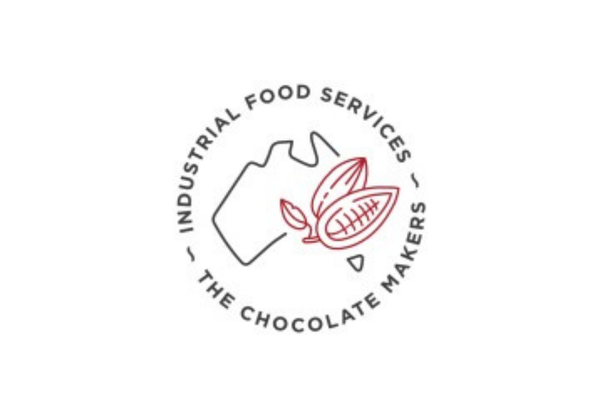A logo for a food services company with a stylized outline of Australia, a cocoa bean, and a chocolate leaf.