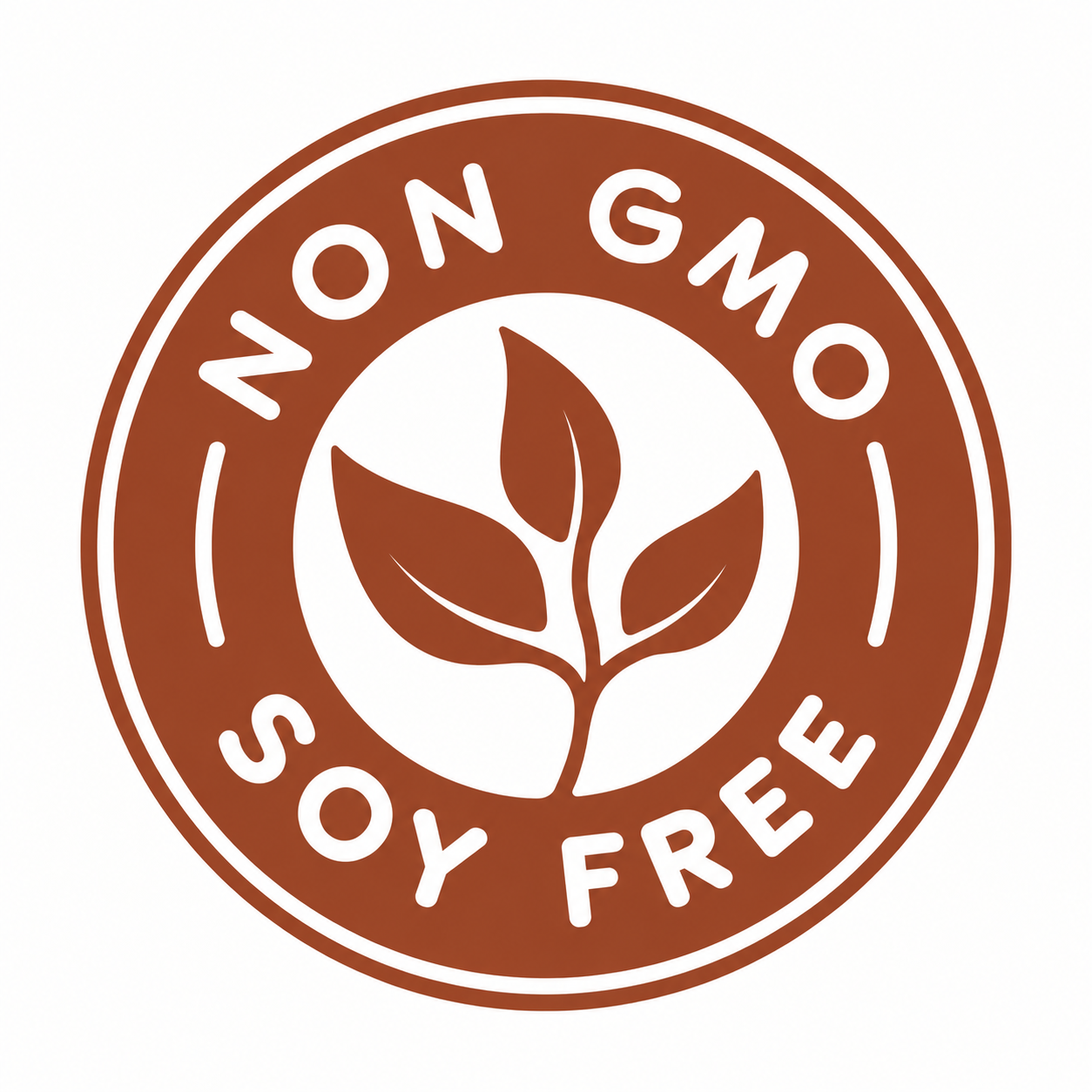 A circular badge with a brown border and white background, featuring a brown plant with three leaves in the center. The badge reads "NON GMO" at the top and "SOY FREE" at the bottom.