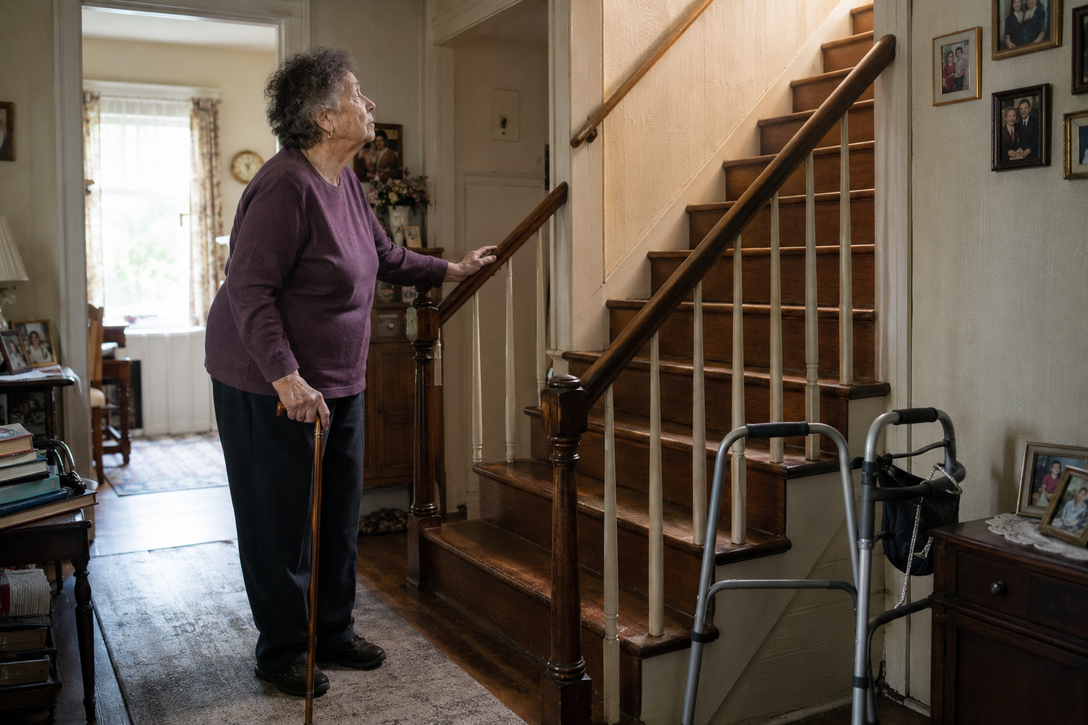 An elderly woman standing at the bottom of a staircase inside a house, holding a cane in her right hand, and looking up the stairs.