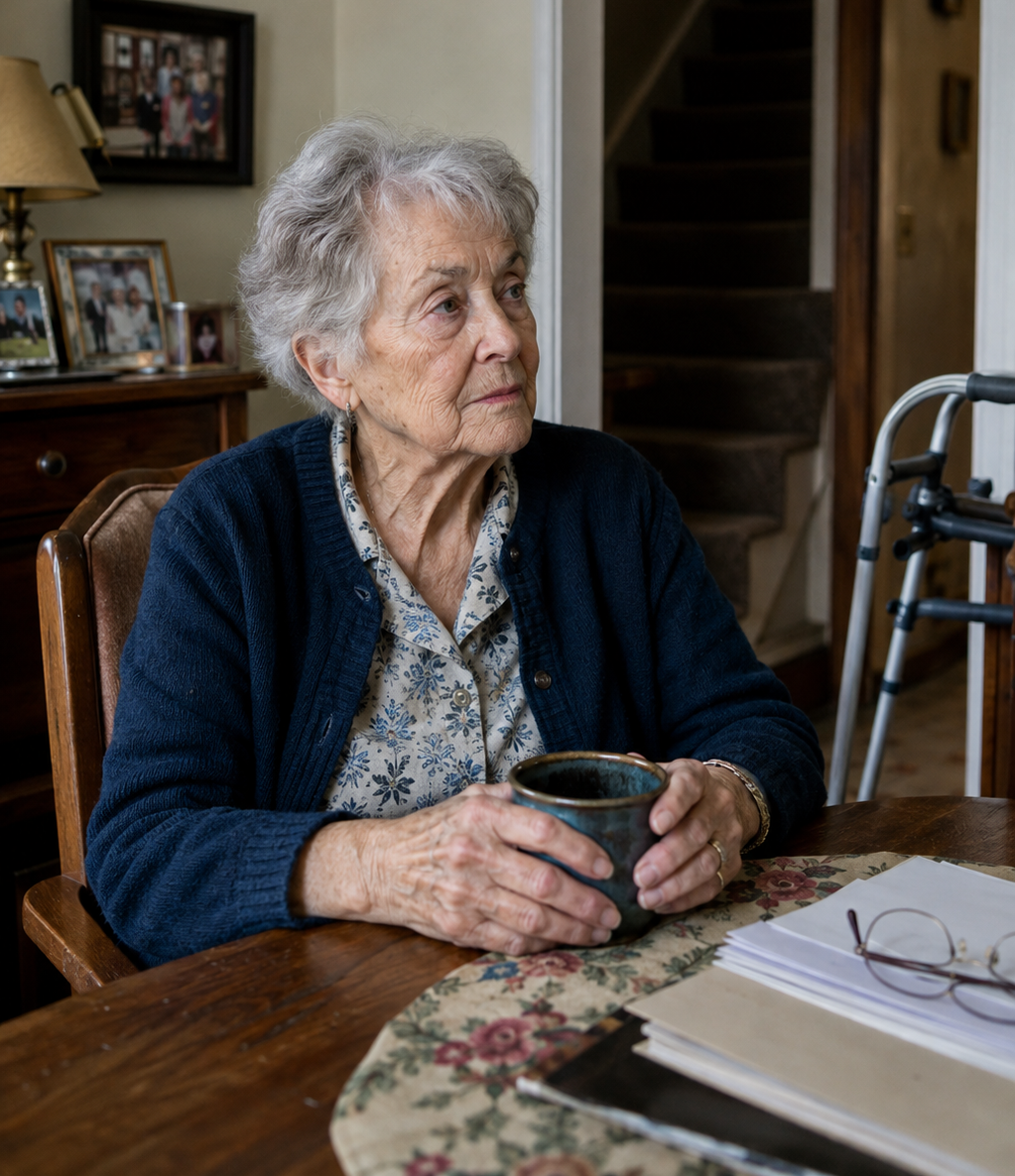An elderly woman sitting at a wooden table holding a dark ceramic mug with both hands, looking to the side. She has short white hair, wears a floral blouse under a navy cardigan, and has glasses resting on the table nearby. Behind her, there are family photographs on a sideboard, a lamp, and a staircase in a cozy home setting.