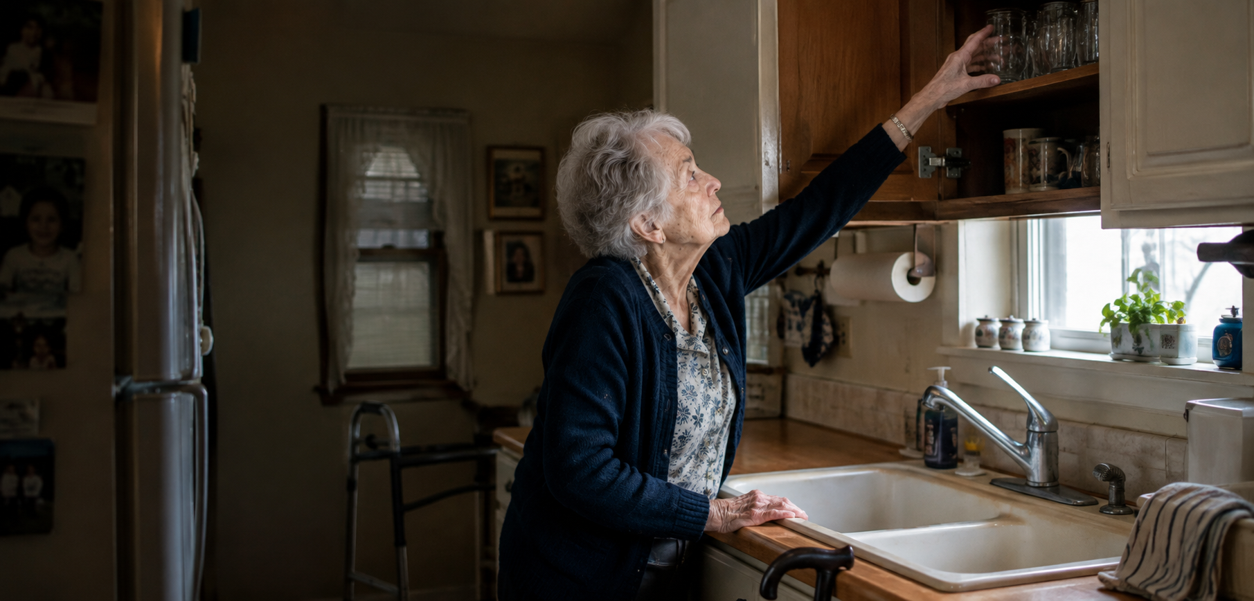 An elderly woman with gray hair reaching into a kitchen cupboard to retrieve glassware.