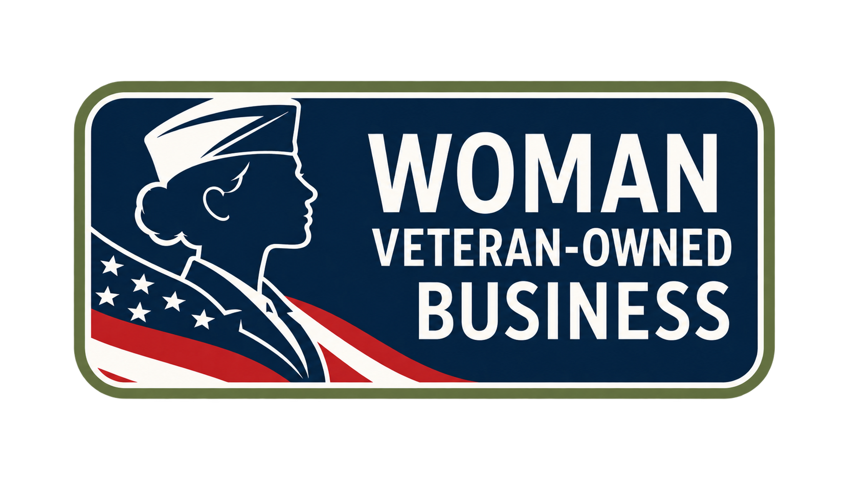 Sign with a profile of a woman wearing a military hat, with patriotic red, white, and blue elements, and the text "Woman Veteran-Owned Business".