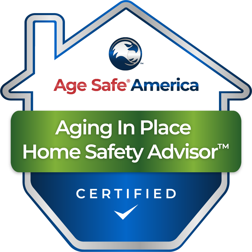 Logo for Age Safe America with a house outline, a circular eagle emblem, and a badge that says "Aging In Place Home Safety Advisor" and "Certified".