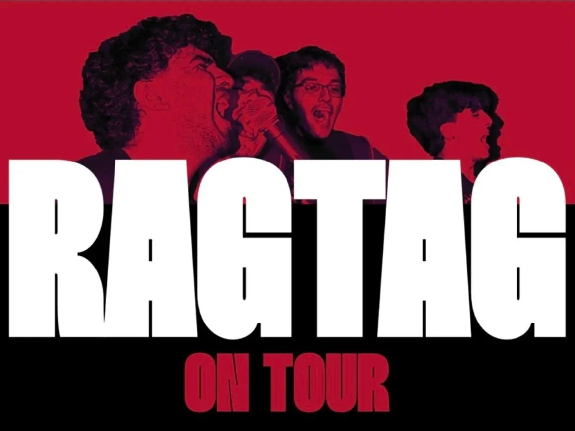 Poster for the Backtrack On Tour with images of four band members singing into microphones, with a black and red background.