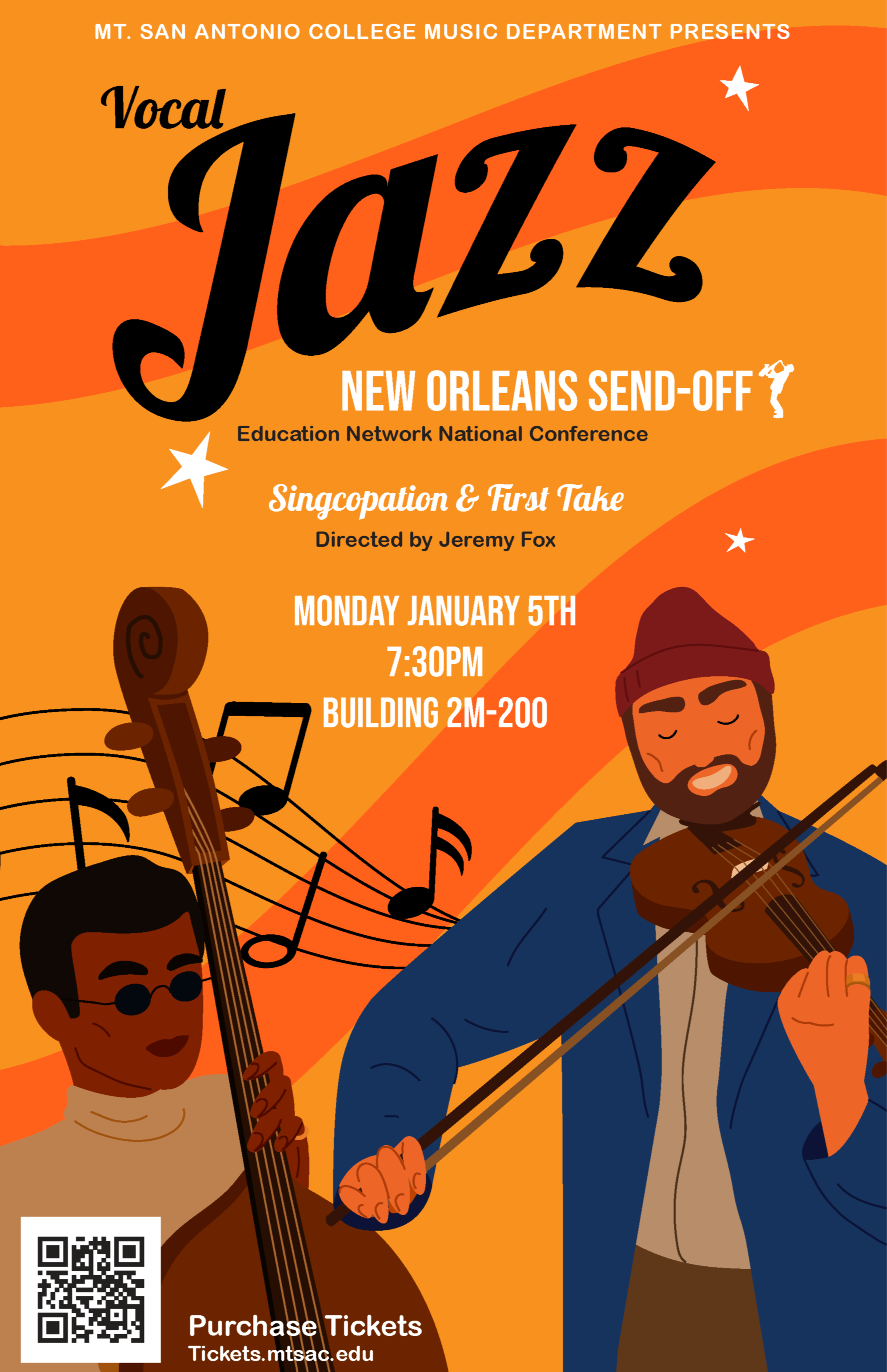 Poster for a jazz concert presented by Mt. San Antonio College Music Department, featuring vocal jazz at the New Orleans Send-Off. Event on Monday, January 5th at 7:30 PM in Building 2M-200. The poster has a vibrant orange and yellow background with illustrations of jazz musicians playing instruments, musical notes, and stars.