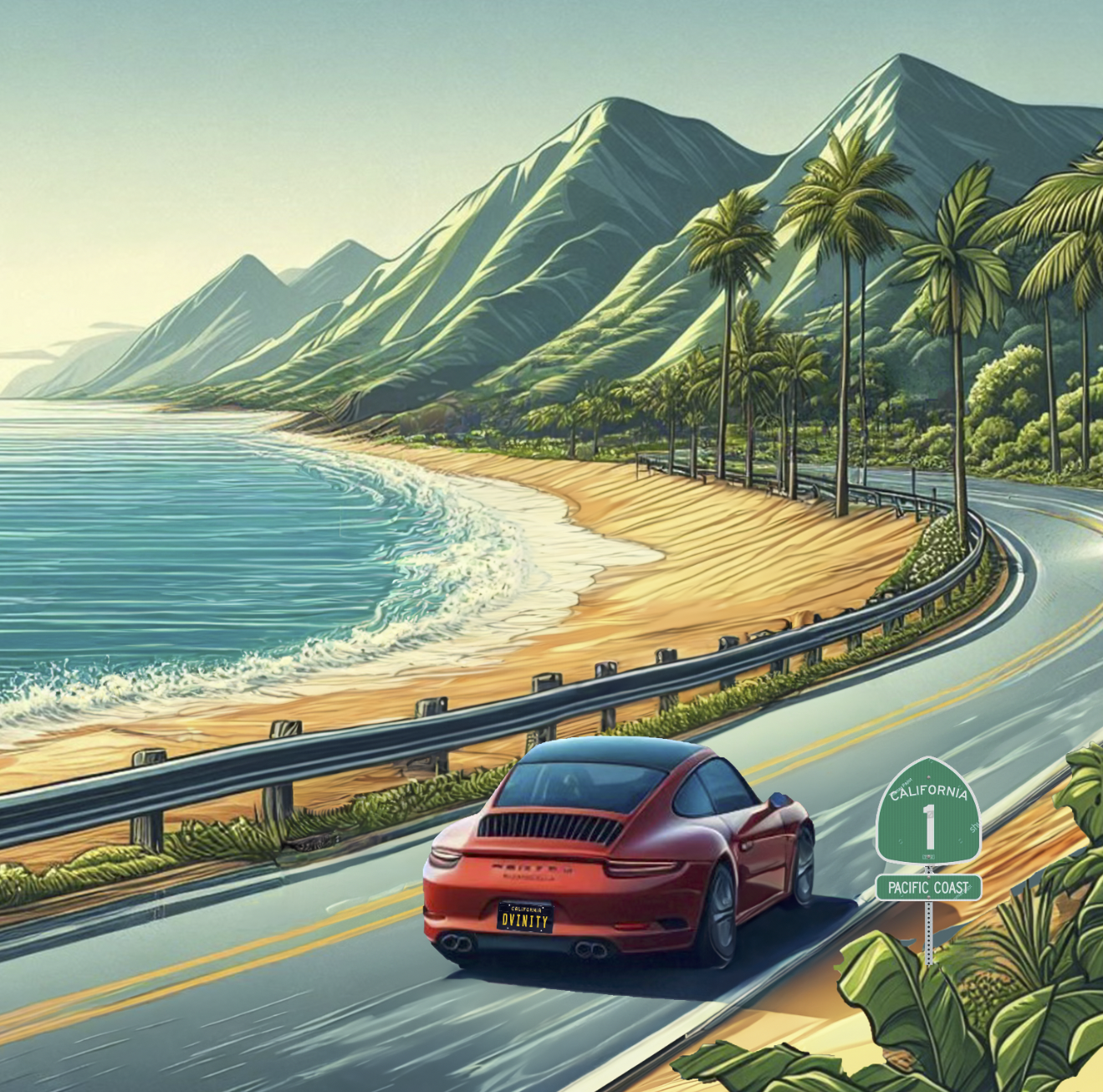 A scenic coastal highway with a red Porsche car driving along a curvy road bordered by a low guardrail. To the left, there is a sandy beach with gentle waves, and in the background, tall mountains covered in green vegetation. Palm trees line the right side of the road, which is marked with a highway sign indicating California State Route 1 and the Pacific Coast.