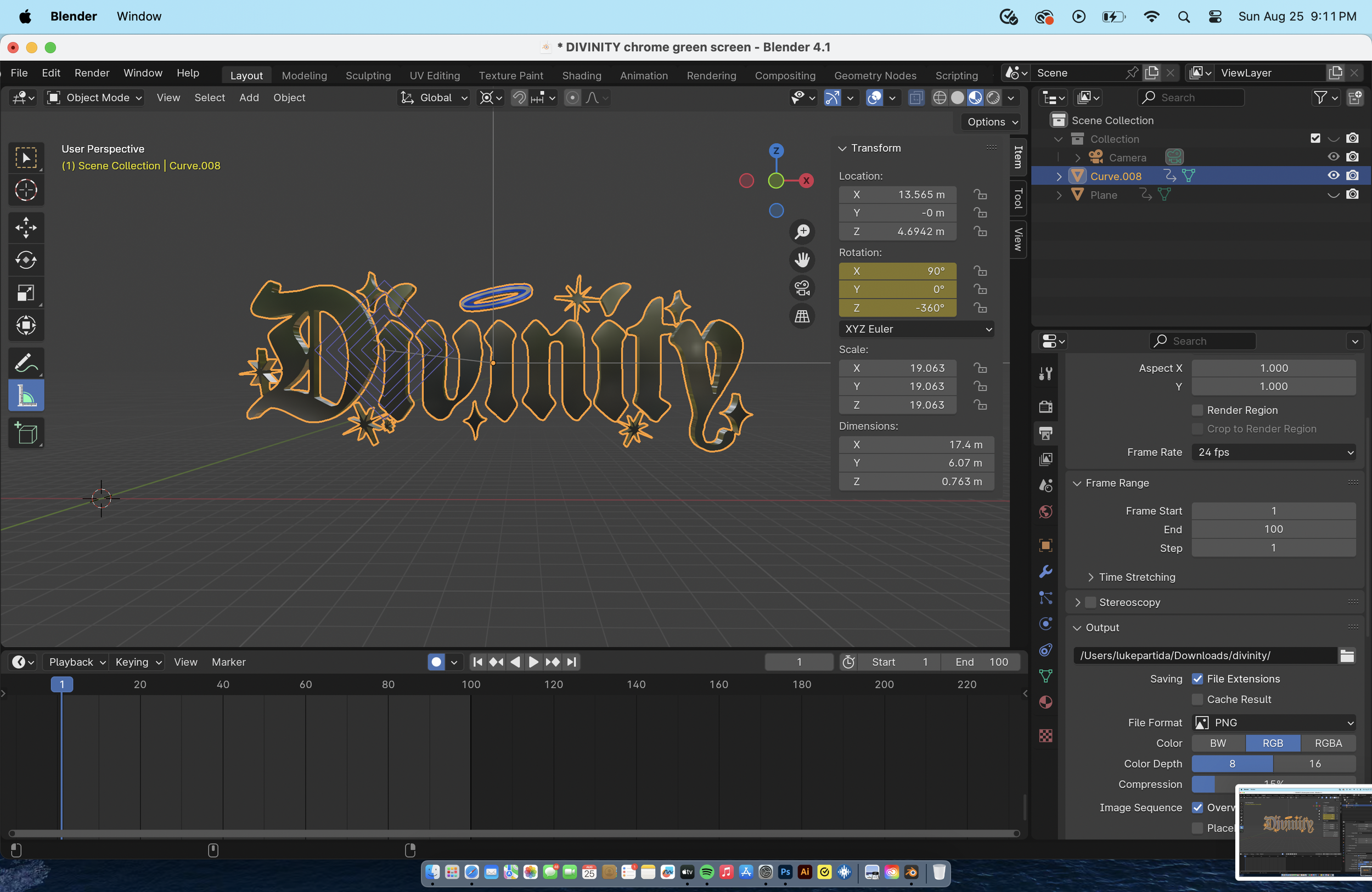 Screenshot of a computer screen showing the Blender 3D modeling software with a 3D text object that reads 'Divinity,' outlined in orange with decorative stars around it. The interface displays various panels with settings and tools.