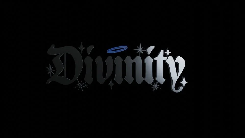 Design with the word 'Divinity' in gothic font, decorated with stars and a blue halo above the letter 'i', on a black background.