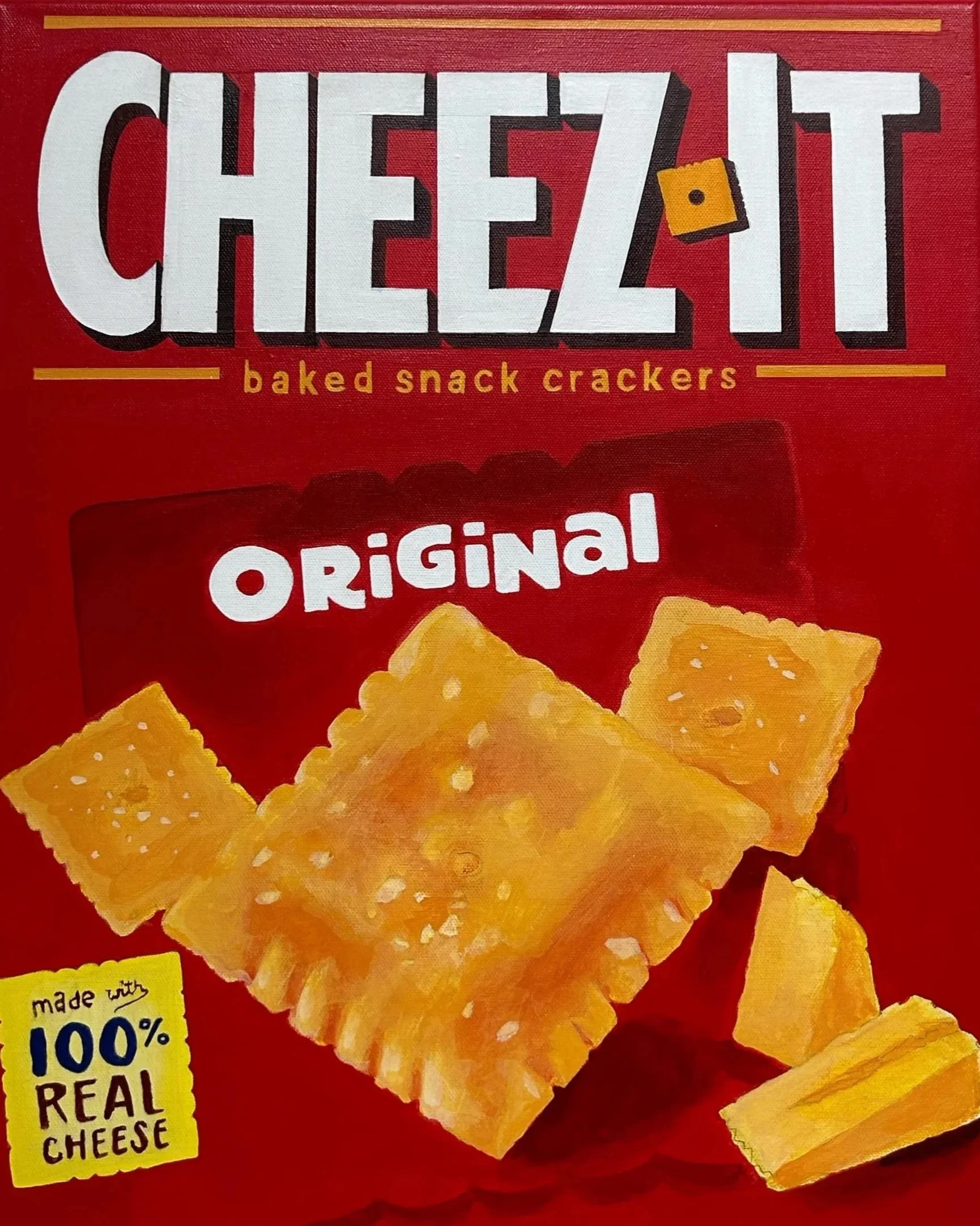 Red packaging of cheese flavored baked snack crackers with a picture of cheesy crackers on it.