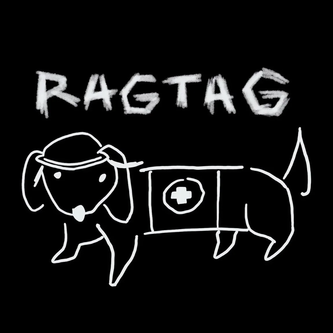 A black background with a white, hand-drawn illustration of a dog wearing a police hat and a medical kit on its body. The word "RAGTAG" is written above in a graffiti style.