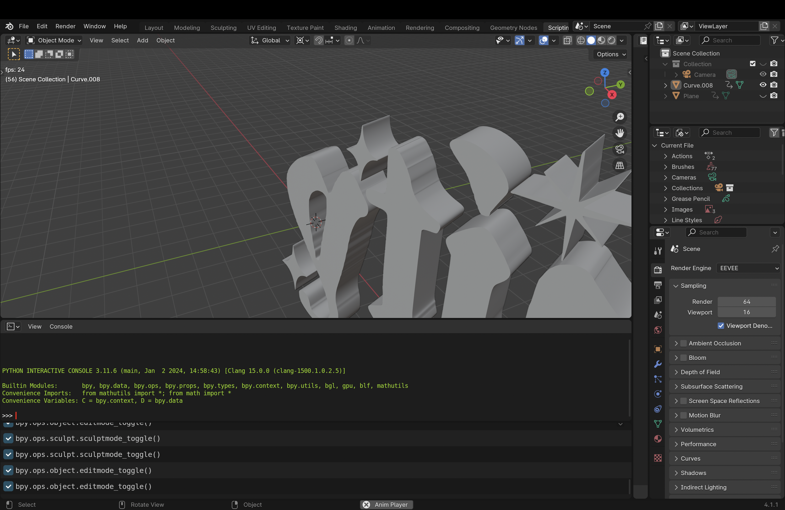 Screenshot of a 3D modeling workspace in Blender with a partially assembled model, possibly of a mechanical object, displayed on the central viewport. The interface shows various panels with tool options, scene collection, and script information.