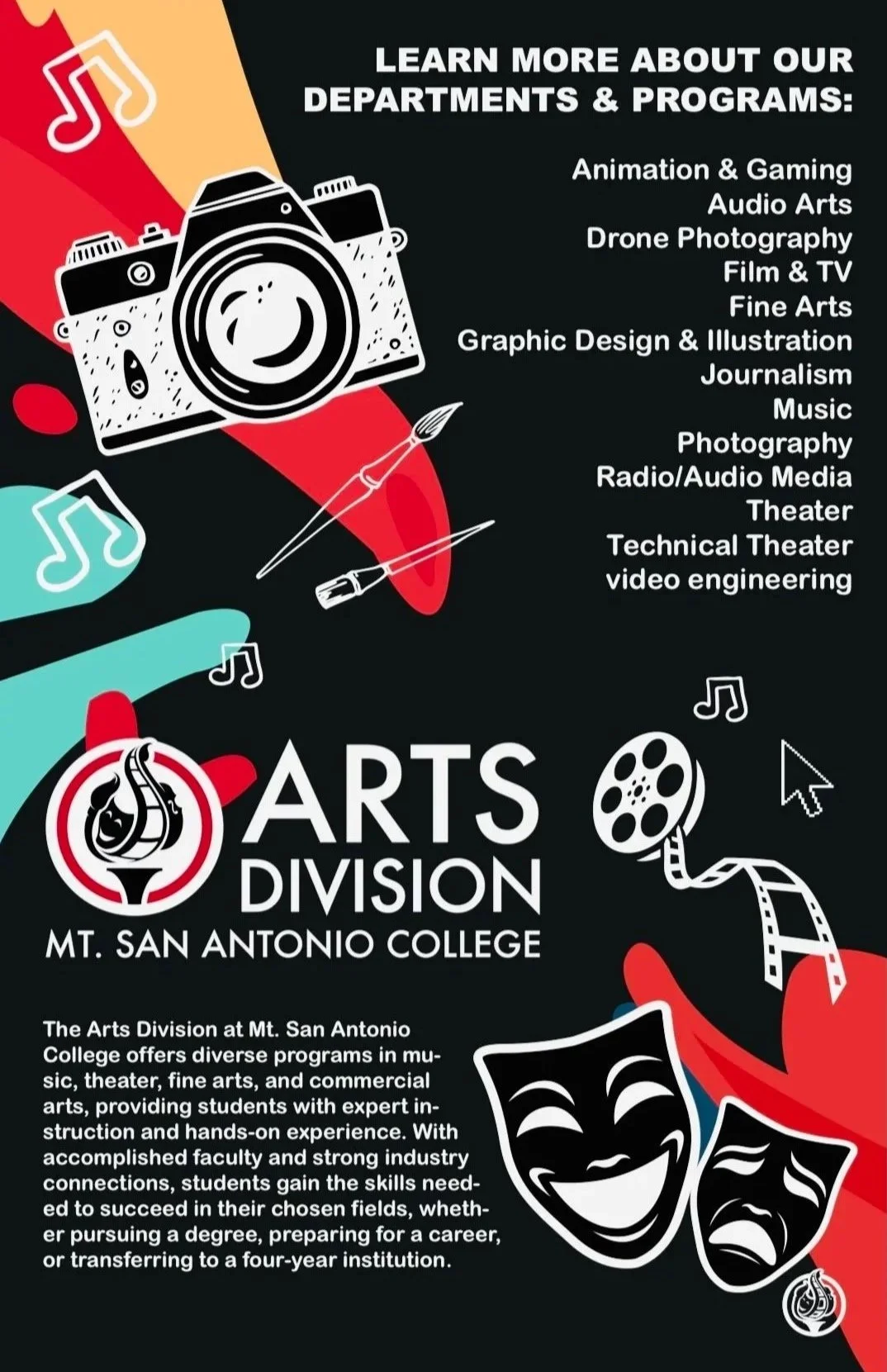 A flyer for the Arts Division at Mt. San Antonio College, listing programs such as animation, gaming, audio arts, drone photography, film & TV, fine arts, graphic design, journalism, music, photography, radio/audio media, theater, technical theater, and video engineering. It features icons of a camera, film reel, microphones, theatrical masks, and musical notes on a colorful background.