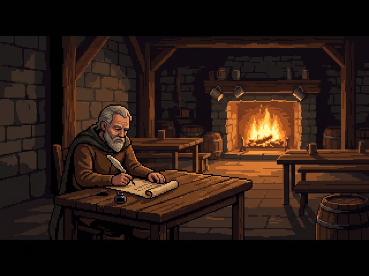 An elderly man with a white beard sits at a wooden table in a medieval-style stone room, writing on a scroll with a quill pen, with a lit fireplace in the background.