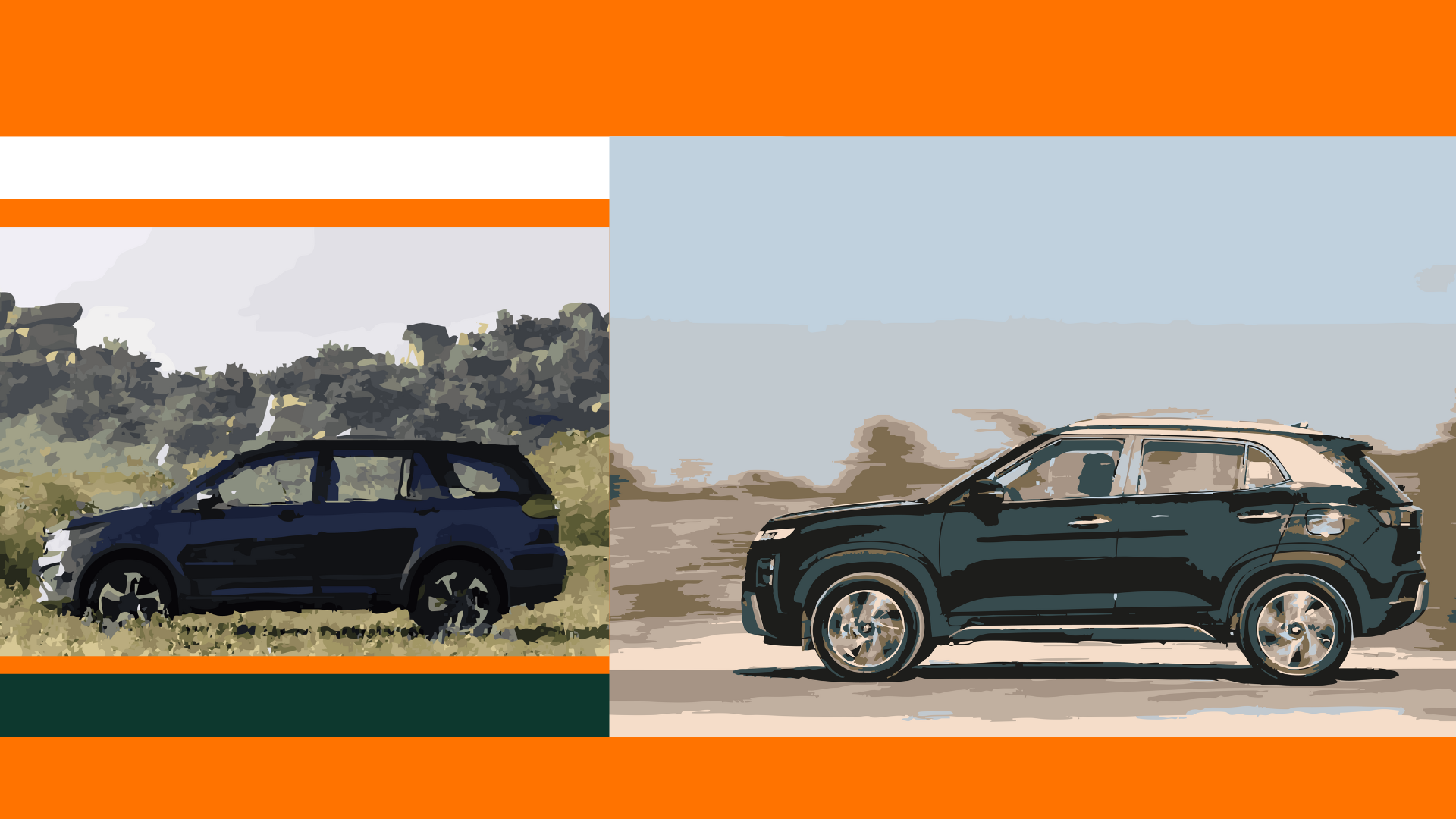 Comparison of two SUVs parked outdoors, with a split-screen design and orange border, featuring a rugged landscape background on the left and an open desert scene on the right.
