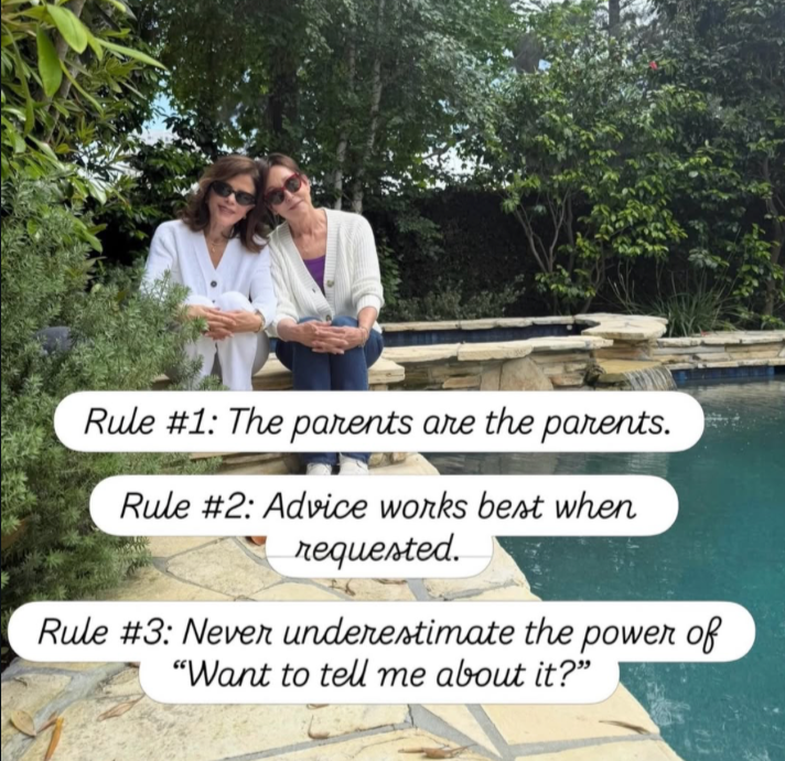 Pam and Leslie sitting by a backyard pool with lush trees and bushes in the background, smiling and wearing sunglasses, with a water feature nearby. Text overlays outline three parenting rules.