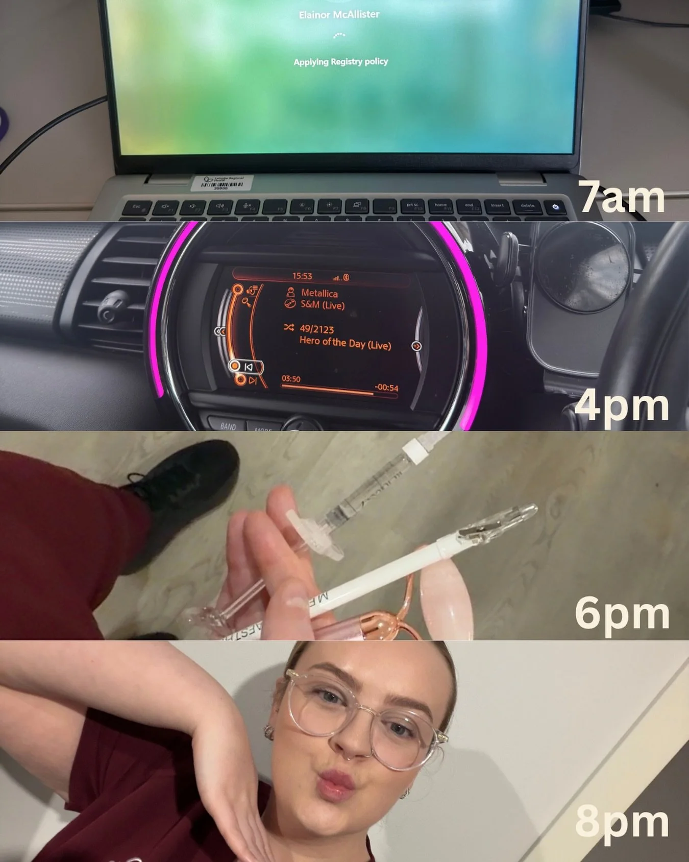 Come work a quick 13 hour Wednesday with me!
1. First up logging in at the hospital for a day in the office
2. Quick stop home to get changed and say hi to Jake &amp; Winnie
3. Another evening of treating my gorgeous clients + a chance to do Rejuran 