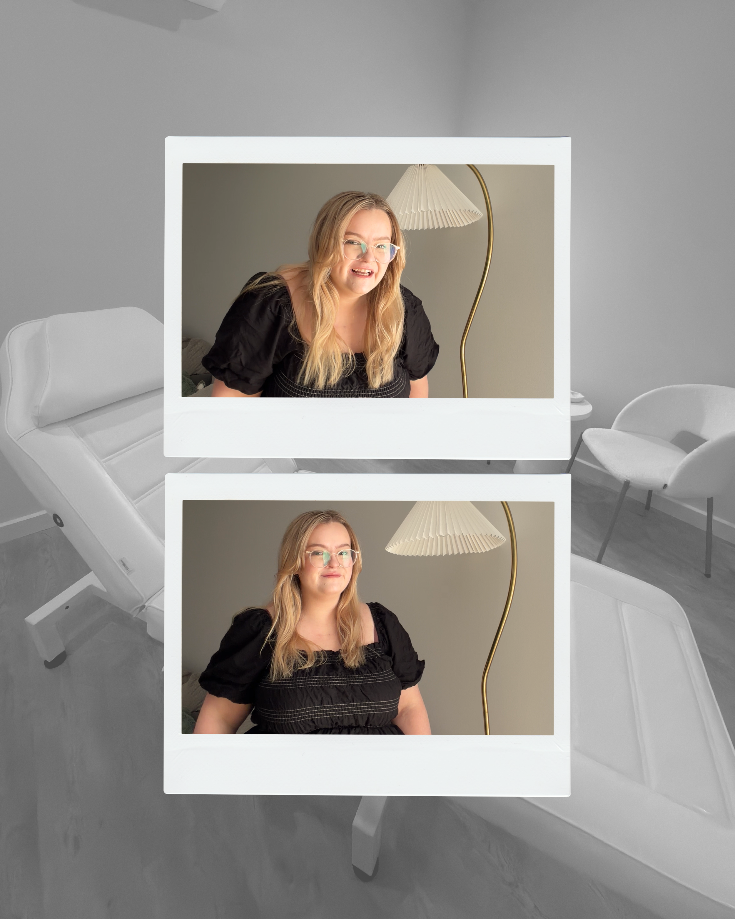 A woman with long blonde hair, glasses, and a black top is looking at the camera through a white frame, with a lamp and a beige wall in the background.