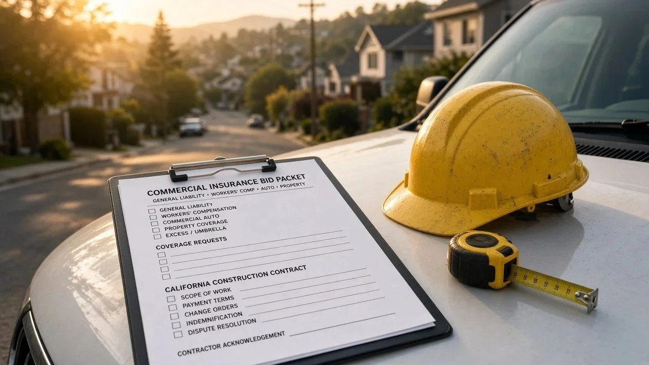Commercial insurance bid packet and hard hat on a work van — SDL Commercial Insurance