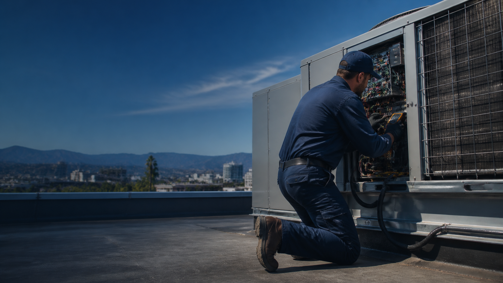 HVAC contractor working on commercial equipment