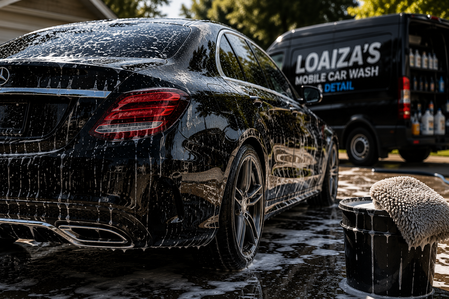 Black Mercedes-Benz being washed outdoors, soap and suds on car, foam bucket with wash mitt nearby, Loiza's Mobile Car Wash truck in background.
