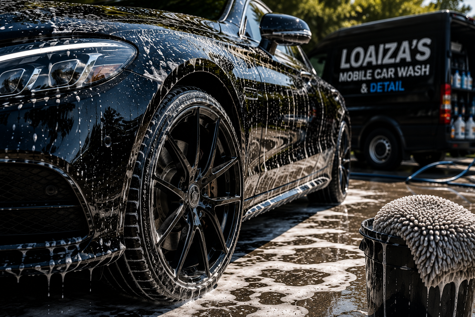A black luxury car being washed with soap suds, with a foamy cleaning sponge on a black container in the foreground and a mobile car wash truck in the background.