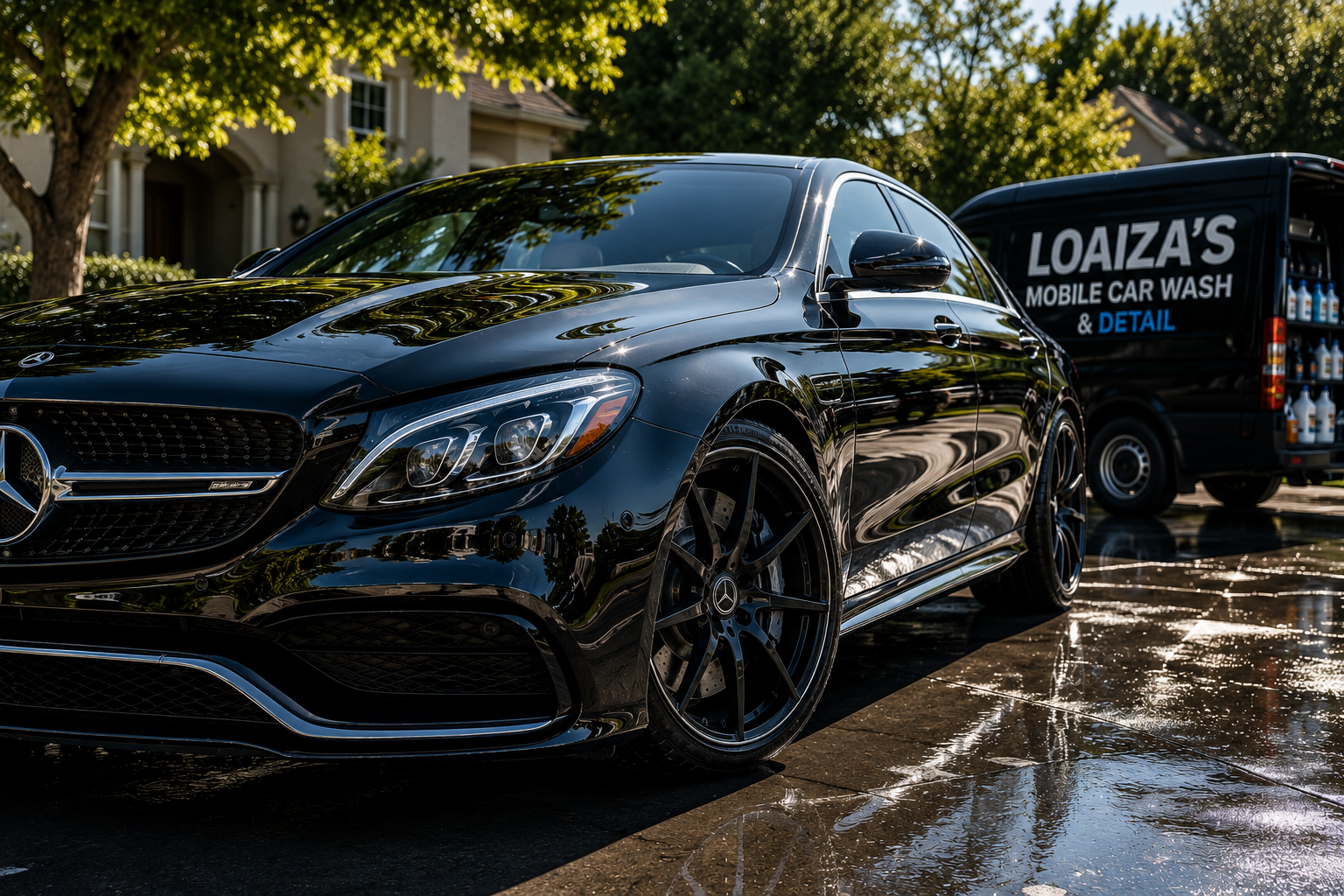 Black Mercedes-Benz parked after a wash, with a Loiza's mobile car wash van in the background, on a wet driveway with reflections of trees.