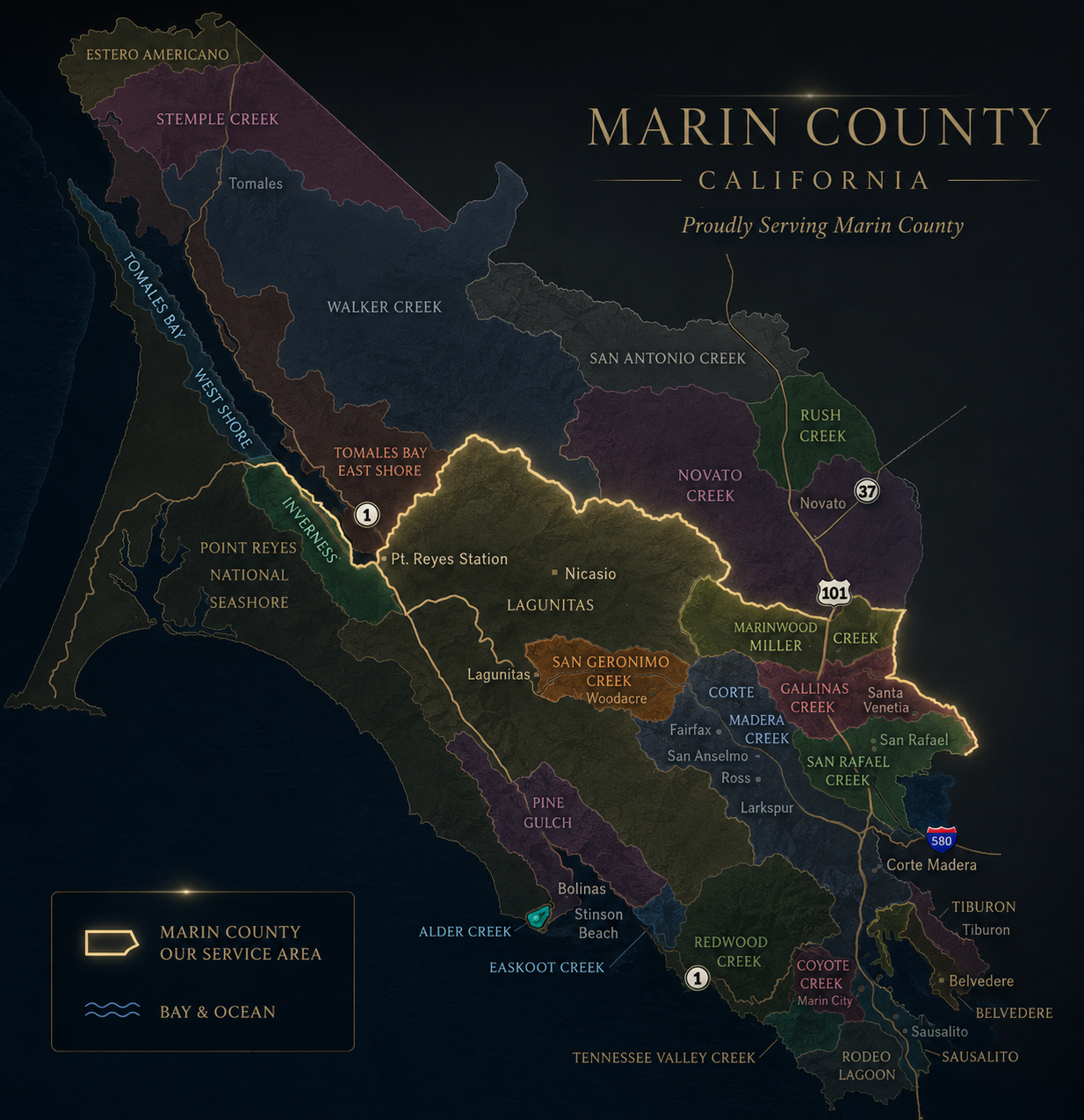 Map of Marin County, California, showing various districts and service areas, including Point Reyes National Seashore, Mount Tamalpais, and San Rafael, with bay and ocean boundary lines.