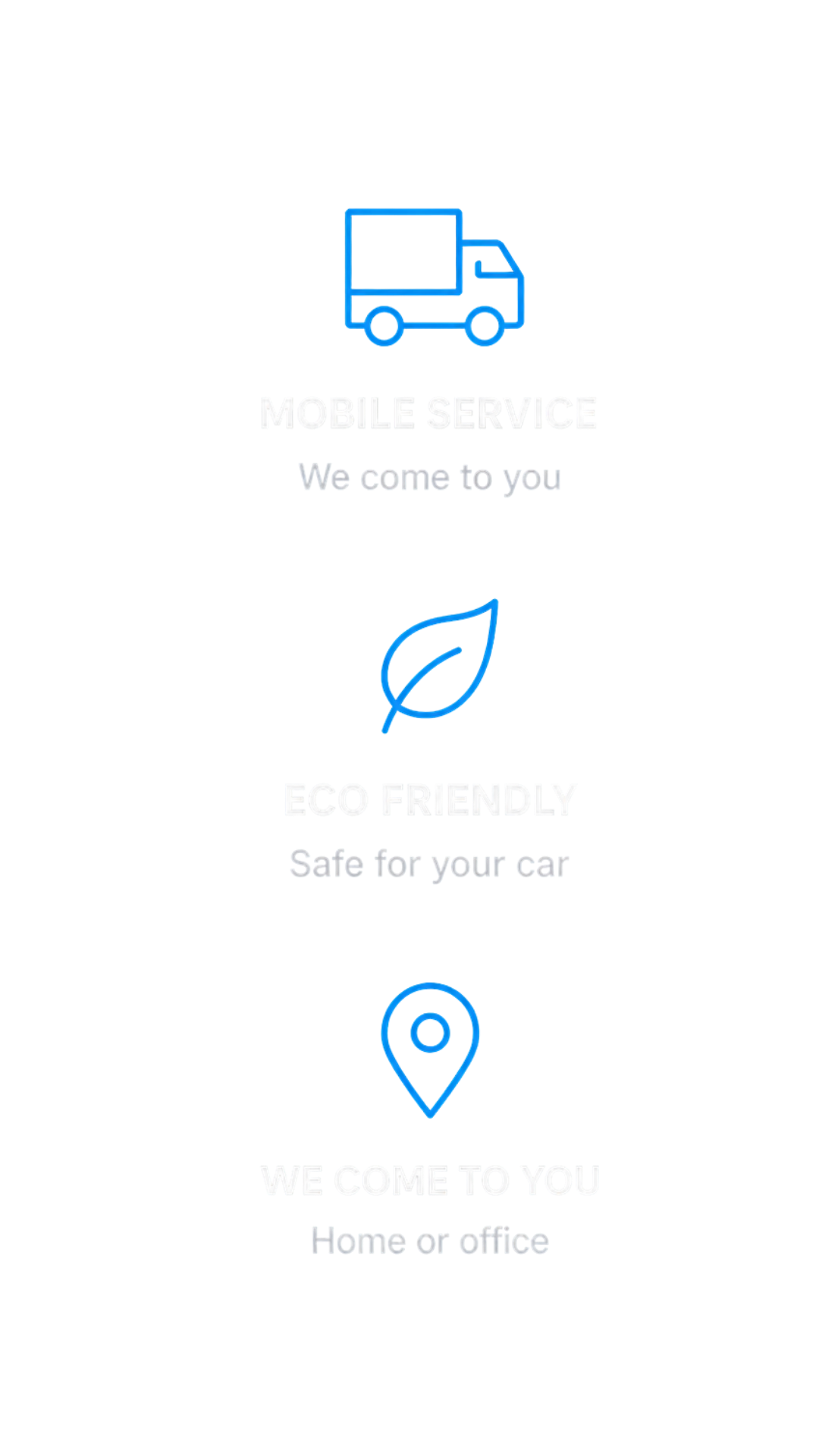 A vertical infographic promoting a mobile car service that comes to your home or office. It features a truck icon at the top, a leaf icon in the middle, and a location pin icon at the bottom. The text highlights eco-friendly, safe, and convenient service options.