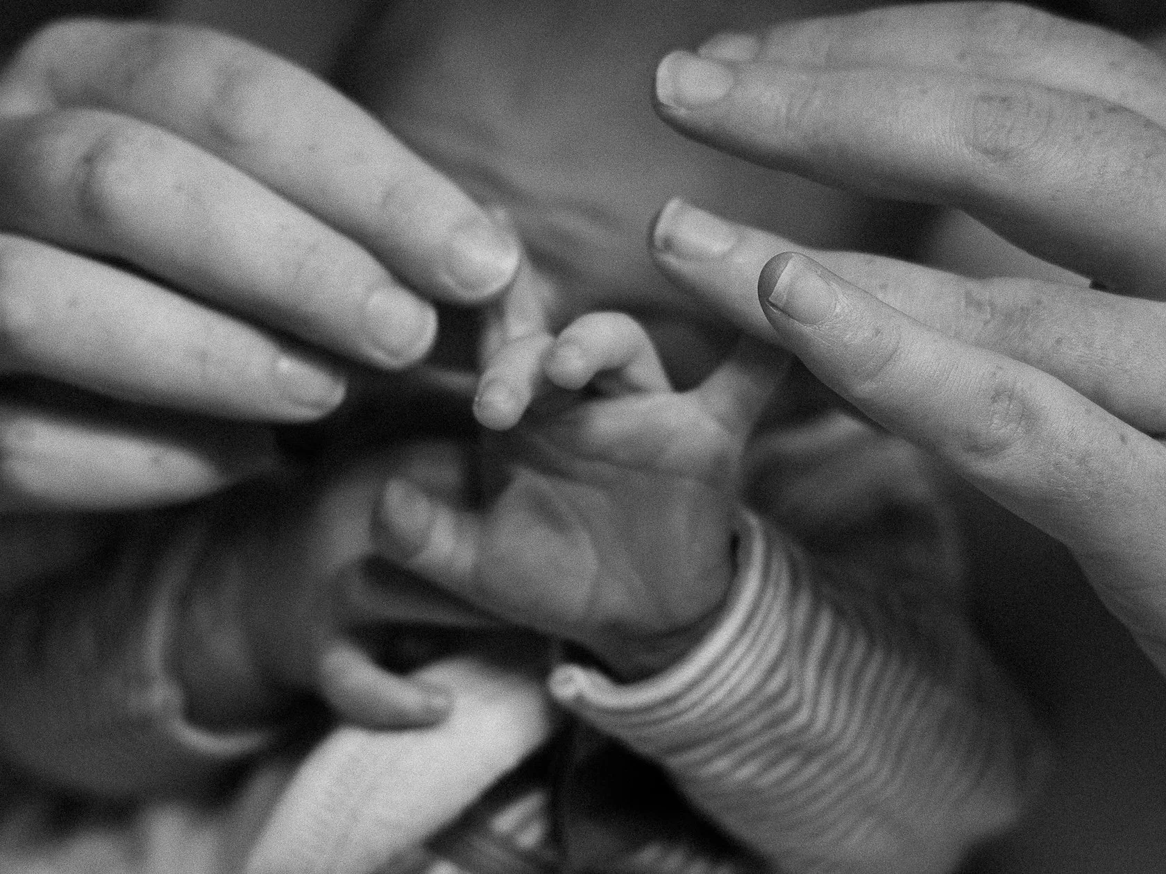 Close-up black and white photograph of multiple hands, with one small child's hand holding an adult's finger.