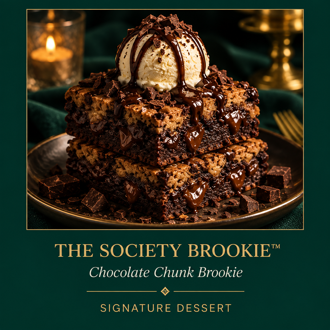Stacked chocolate chunk brookie with ice cream, chocolate drizzle, and chocolate chunks on a gold plate