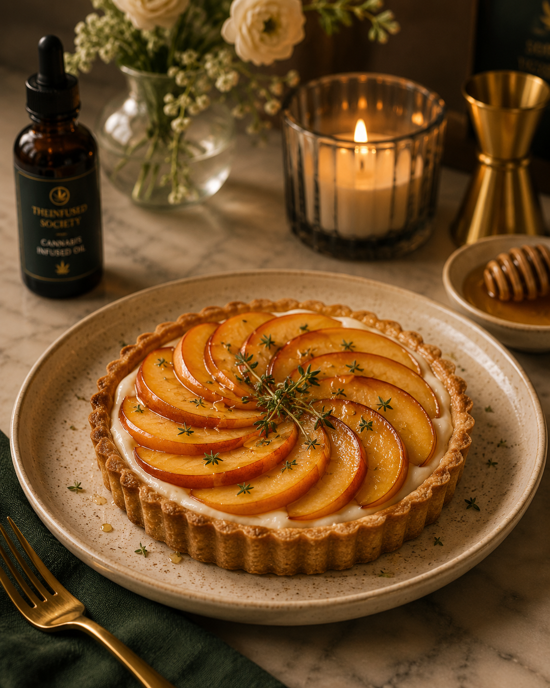 A peach tart garnished with fresh thyme on a beige ceramic plate surrounded by a green napkin and gold fork, with a lit candle, a jar of cannabis-infused oil, a flower vase, a honey dipper, and a gold jigger in the background.